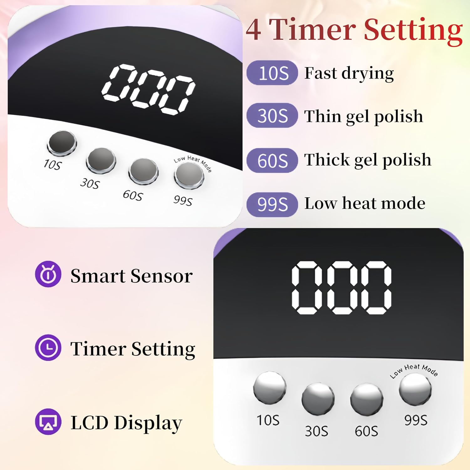 Nageltrockner mit LCD-Anzeige 000, 4 Timer-Tasten: 10S, 30S, 60S, 99S.