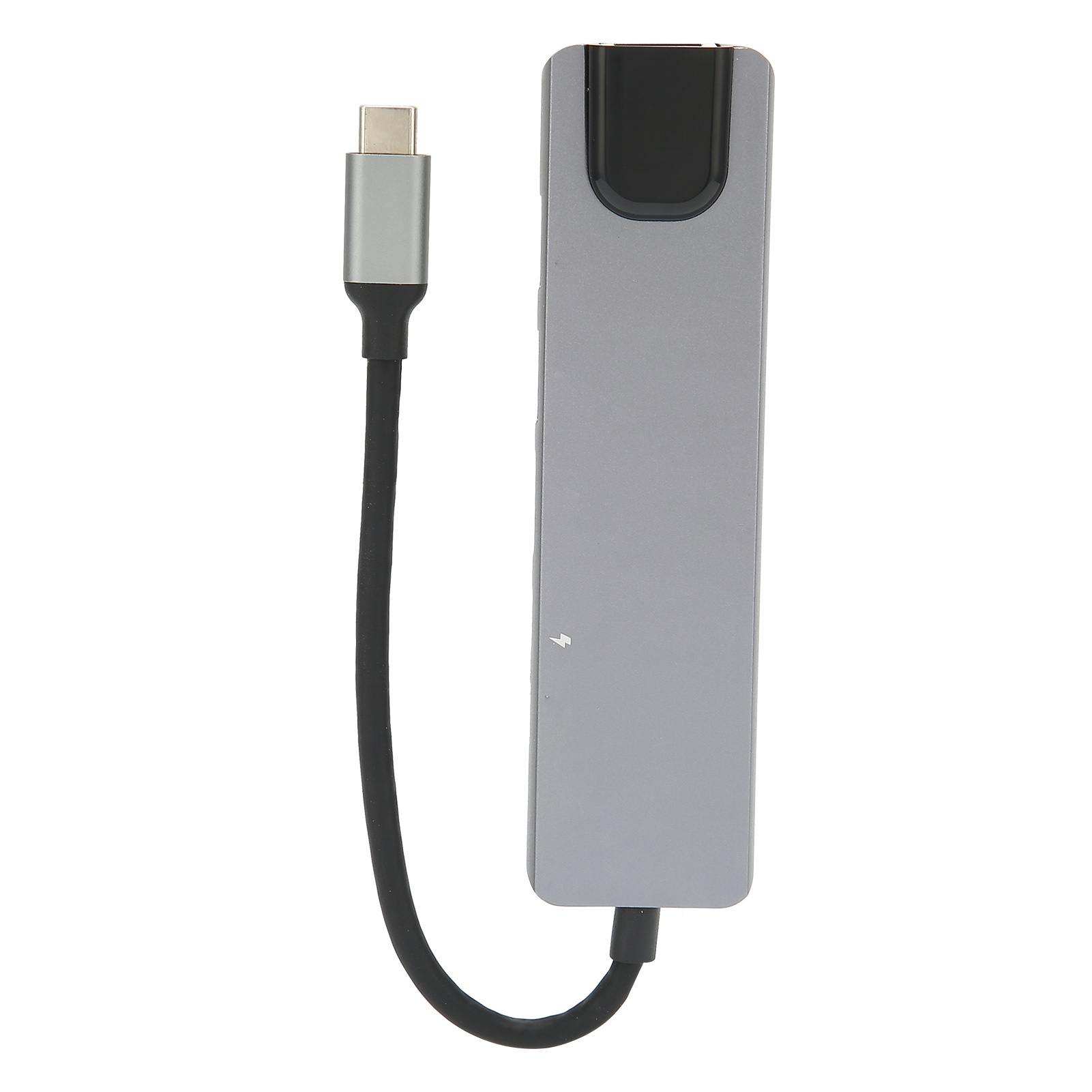 Ein grauer USB-C-Hub mit einem schwarzen Kabel und einem silbernen USB-C-Stecker.