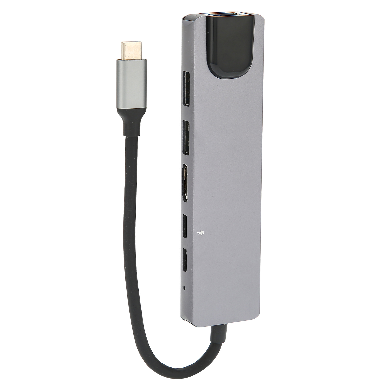 Grauer USB-C-Hub mit Kabel und Anschlüssen, auf weißem Hintergrund.