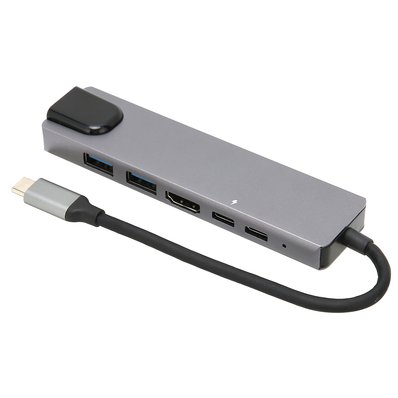 Grauer USB-C-Hub mit mehreren Anschlüssen, darunter USB-A, HDMI und Thunderbolt.