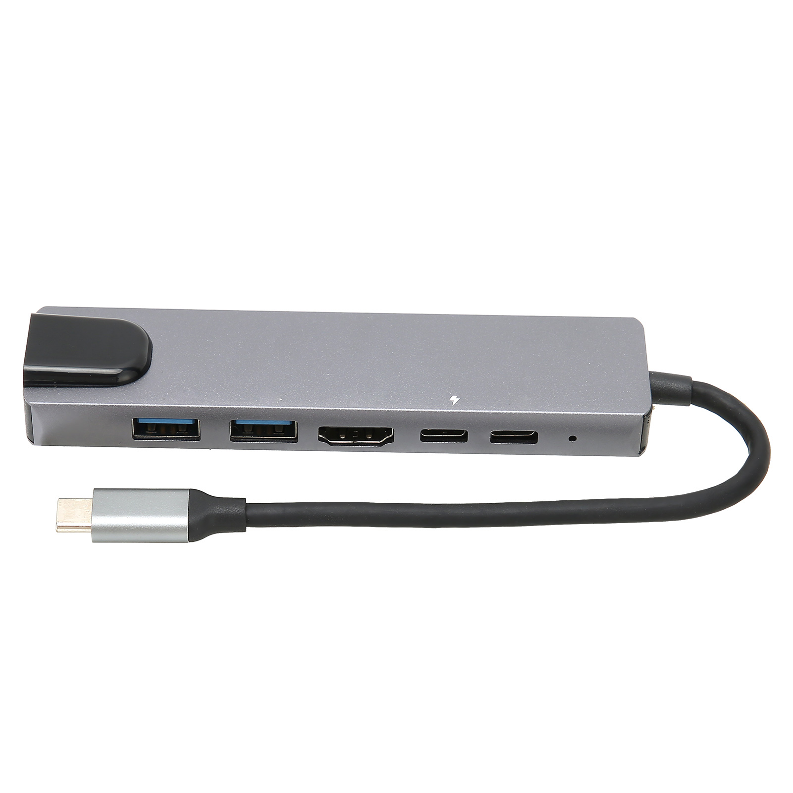 Grauer USB-C-Hub mit zwei USB-A-, HDMI- und zwei USB-C-Anschlüssen.