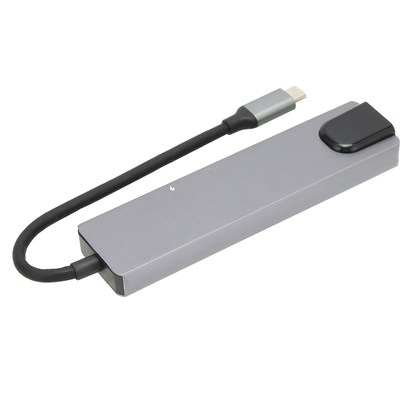 Grauer USB-C-Hub mit schwarzem Kabel und Stecker.