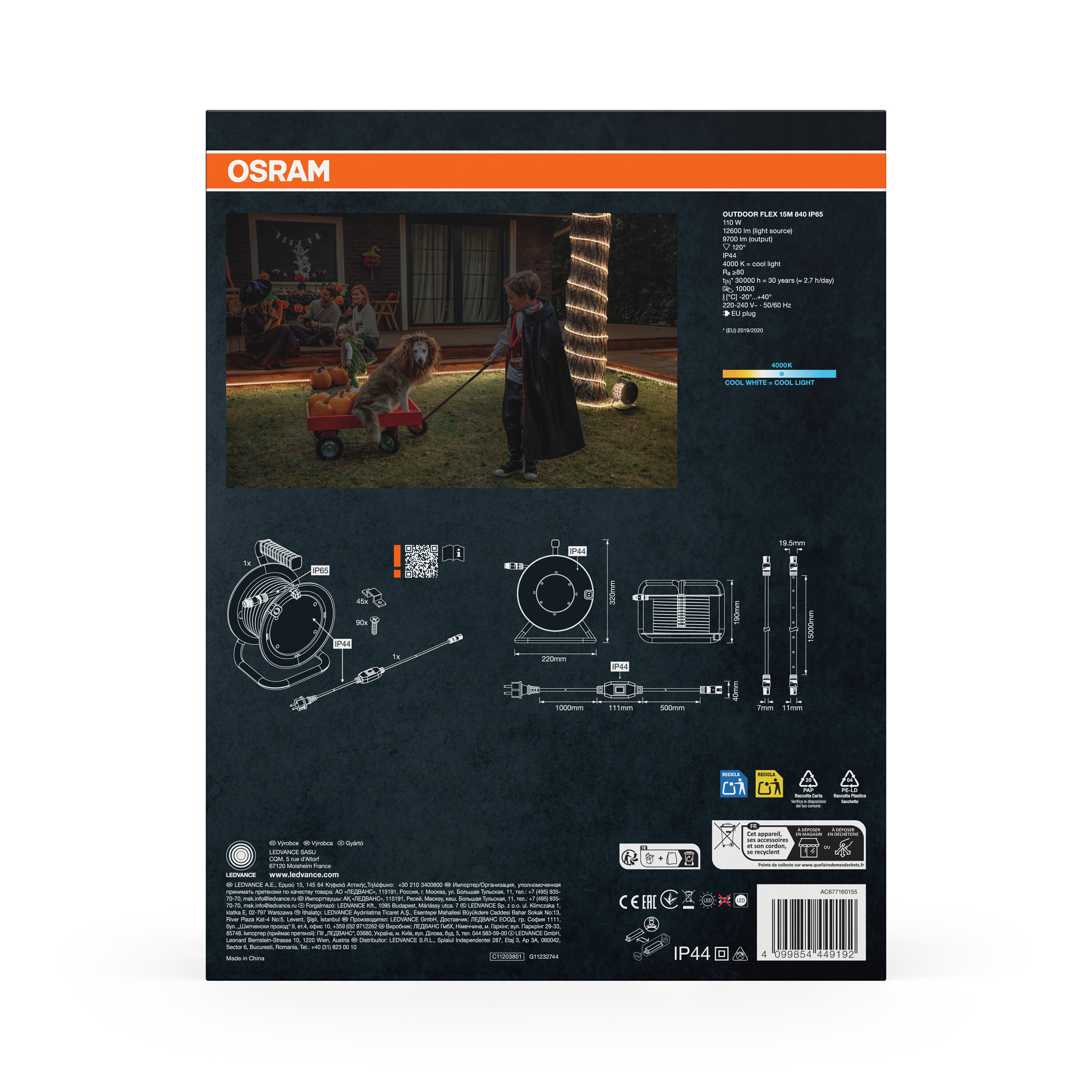 Osram Outdoor Flex 15M 840 IP65 mit techn. Zeichnungen und Produktinformationen.