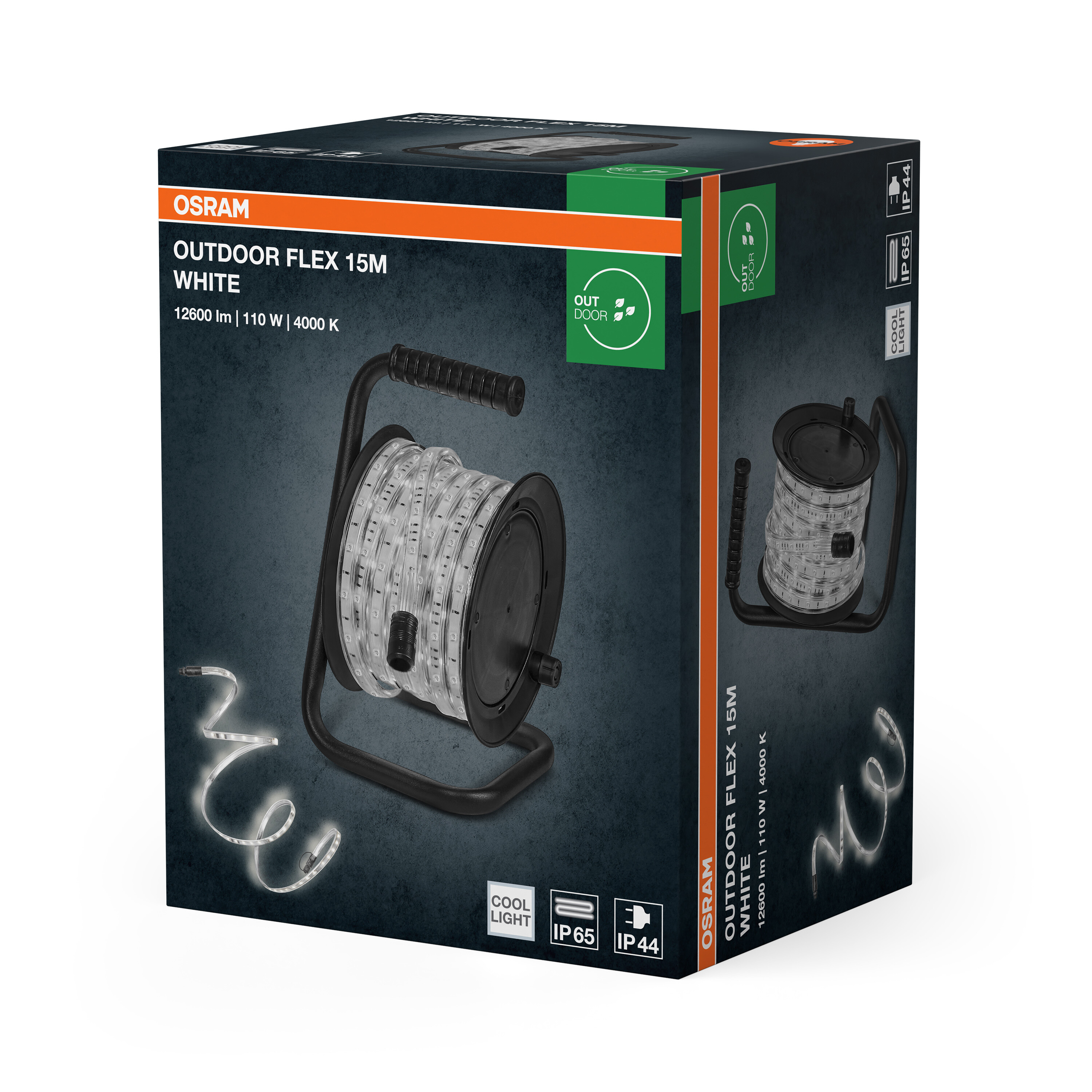 Verpackung für OSRAM Outdoor Flex 15M weiße LED-Leiste, aufgewickelt auf schwarzer Spule.