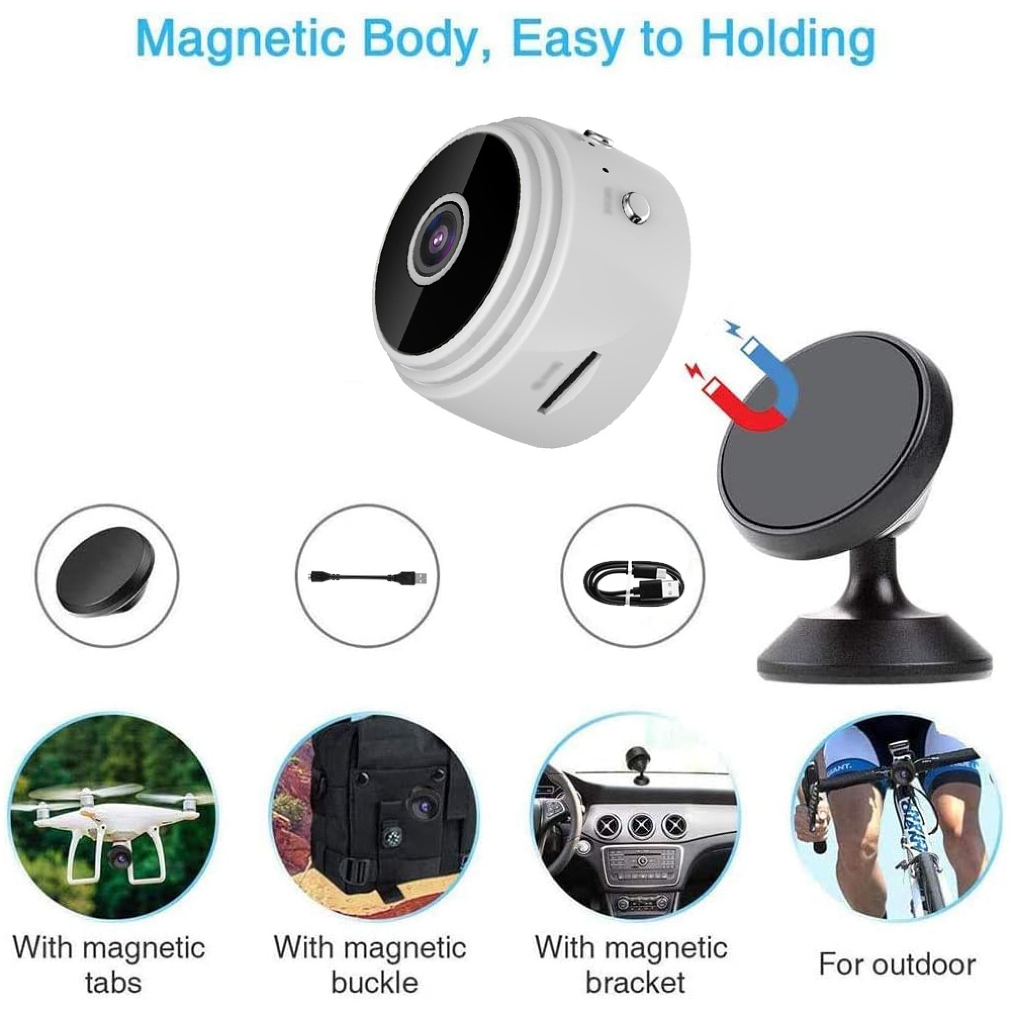 Kompakte weiße Kamera mit magnetischer Halterung, Zubehör und Anwendungsbeispielen.