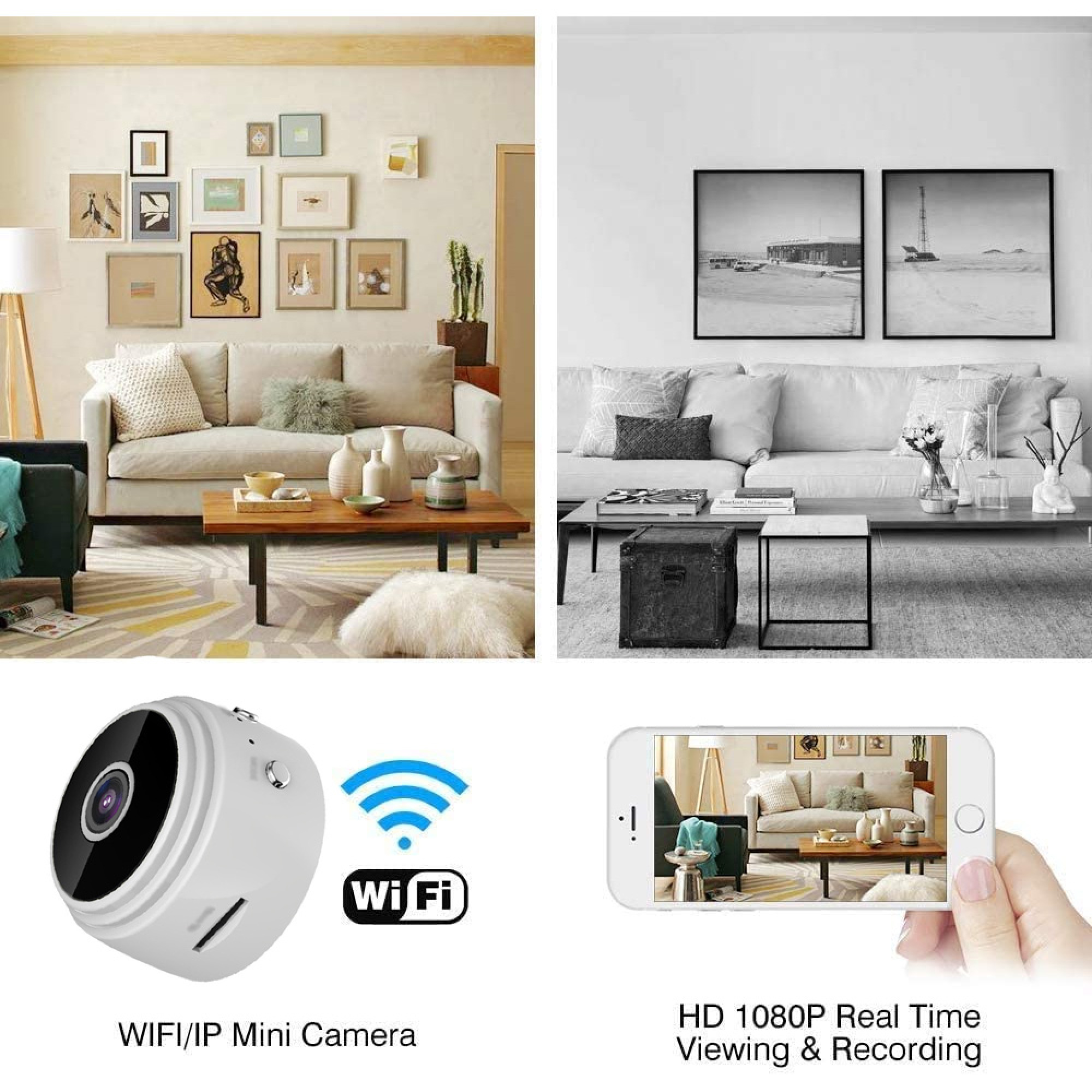 Ein Mini-WLAN/IP-Kamera-Bildschirm zeigt ein Wohnzimmer an.