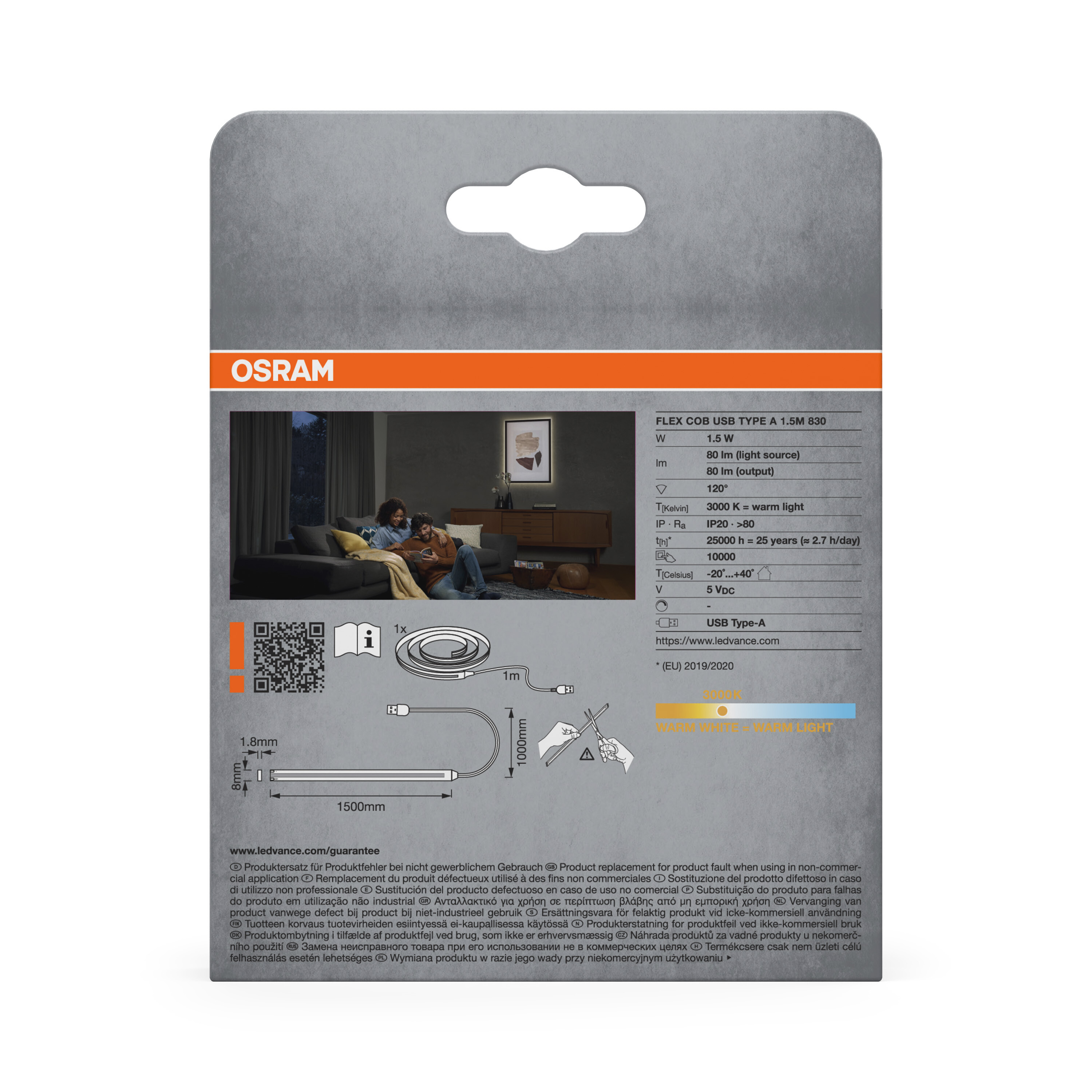 Osram Flex COB USB LED-Streifen, 1,5m, 3000K warmweiß, mit USB-A Anschluss.