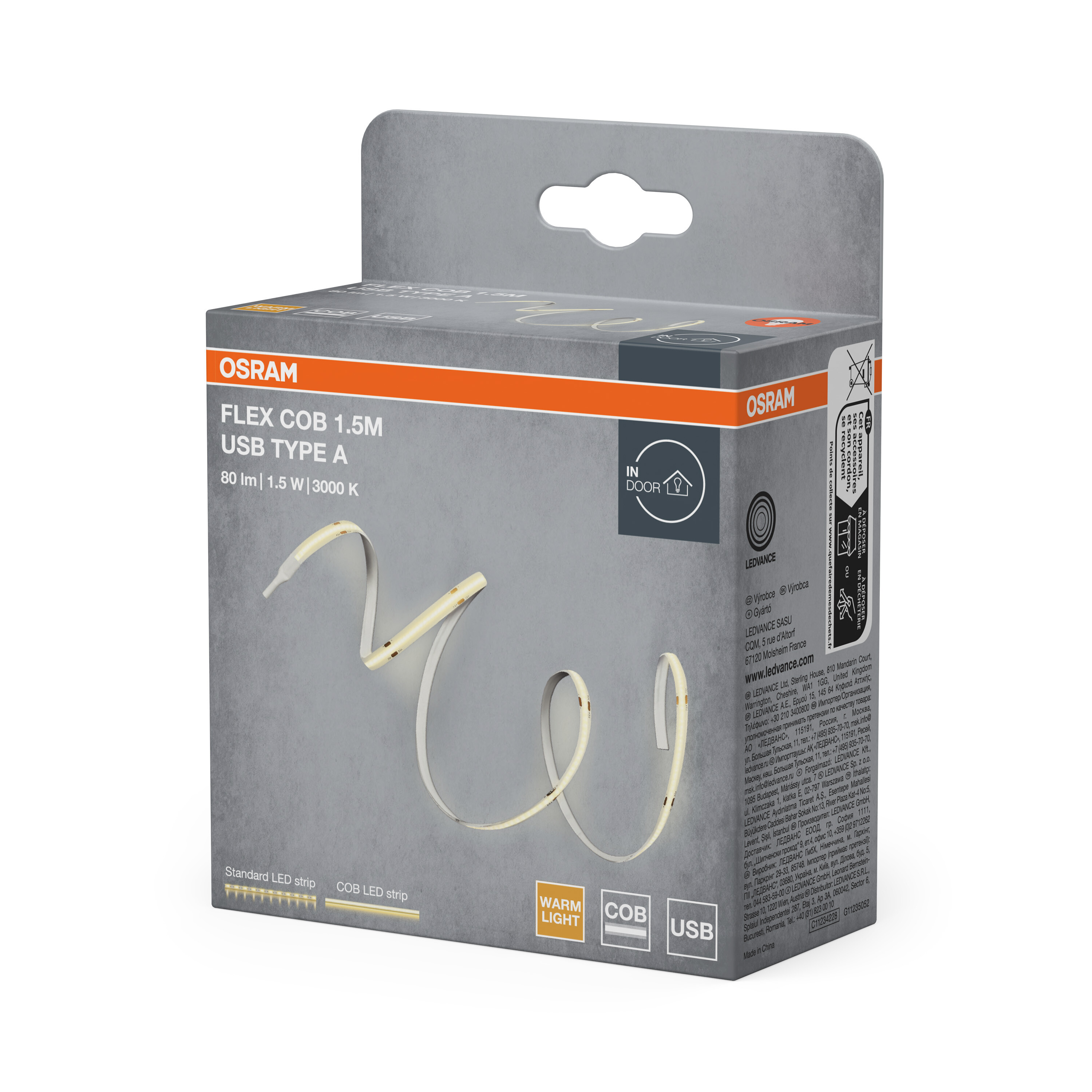 OSRAM Flex COB 1,5m USB-LED-Streifen in warmer Lichtfarbe, 80lm, 1,5W.