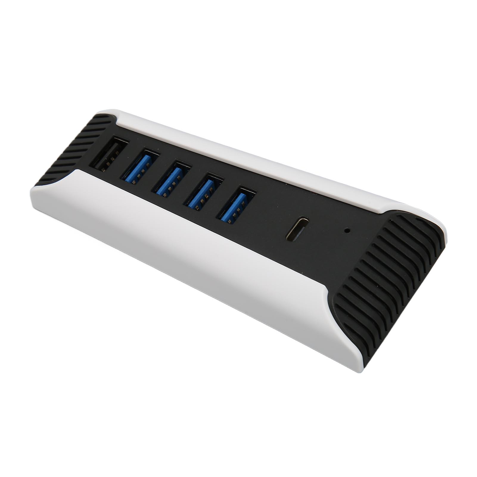 Ein weißer USB-Hub mit vier blauen USB-Anschlüssen und schwarzer Oberseite.