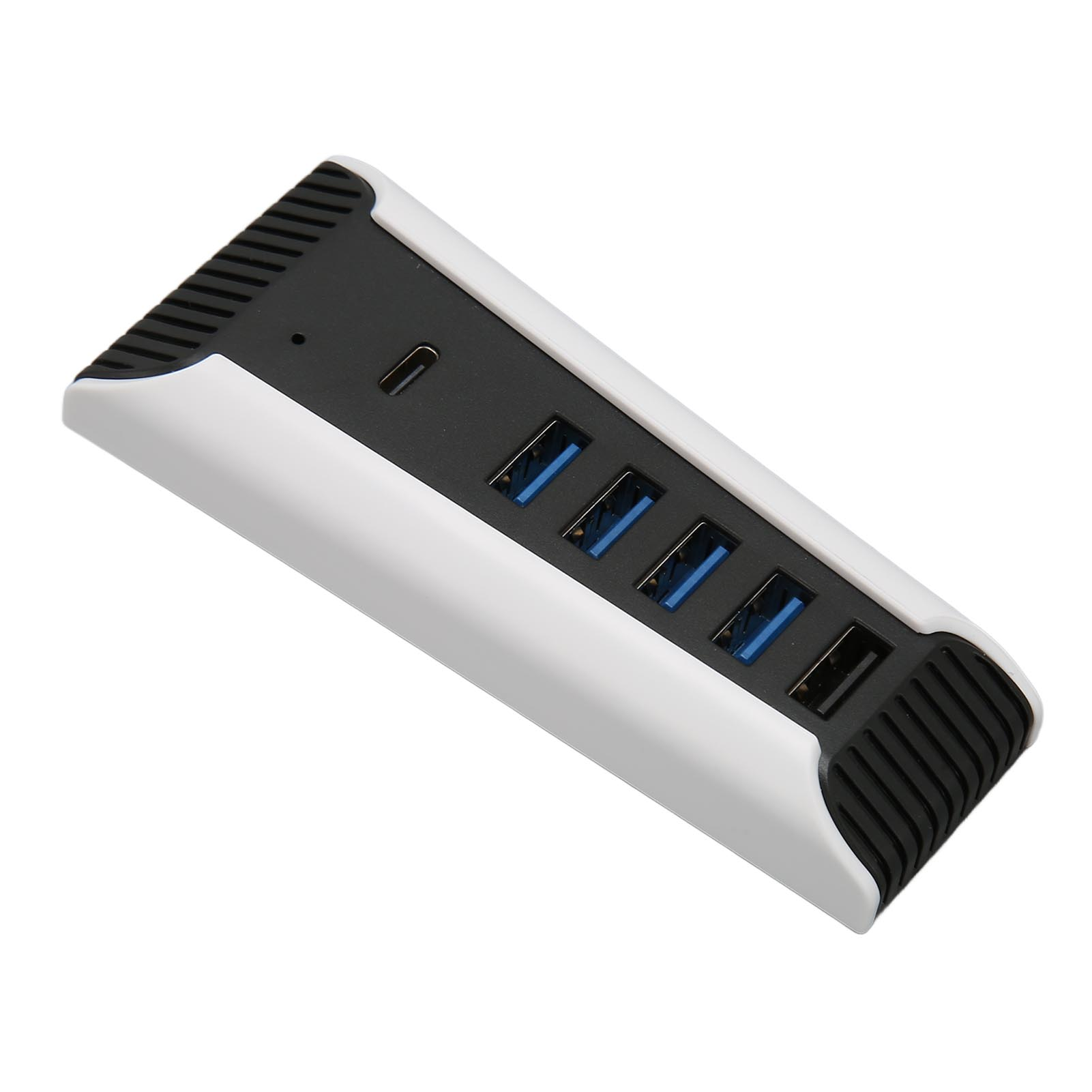 Ein weißer USB-Hub mit fünf Anschlüssen und schwarzem Gitterdesign.