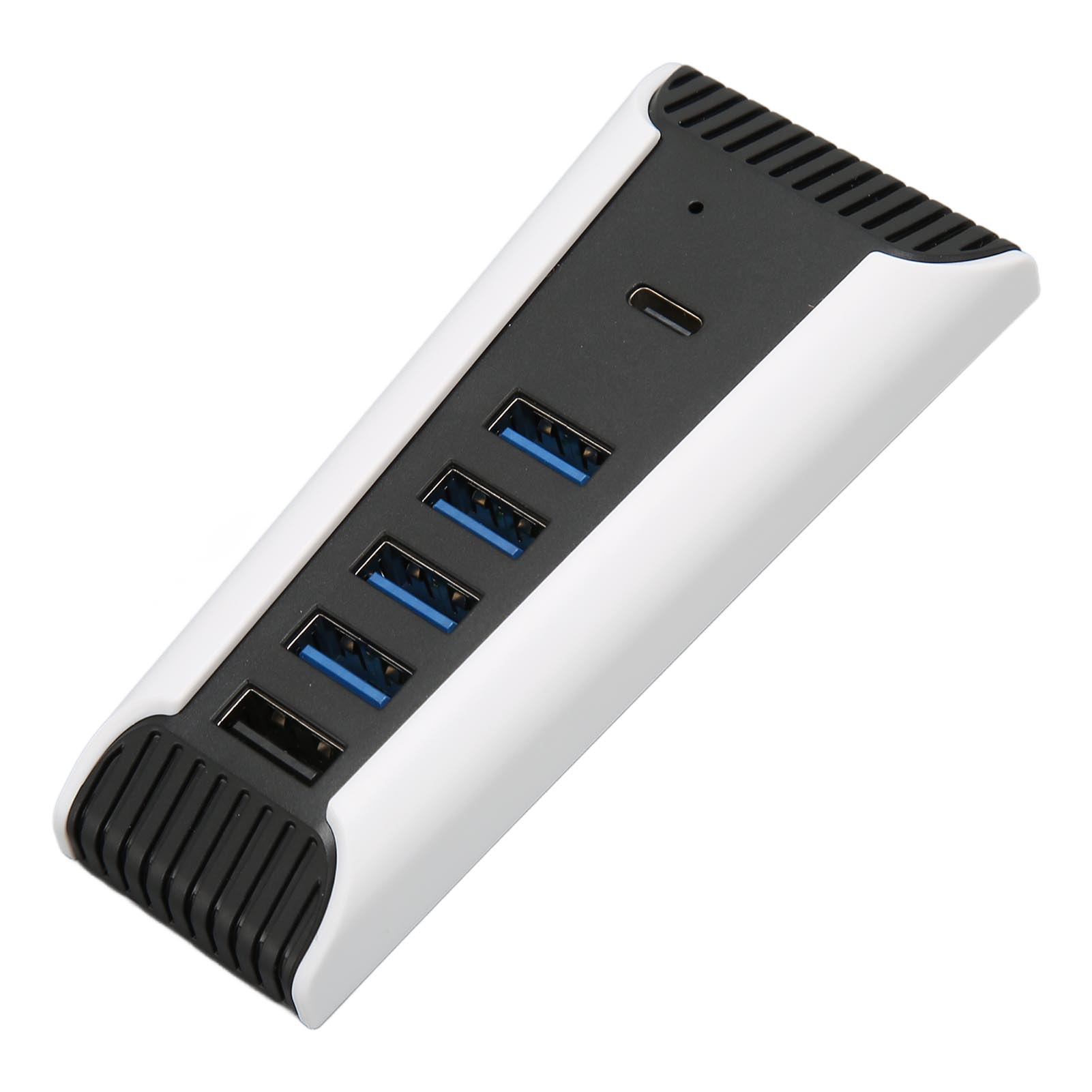 Ein weißer USB-Hub mit vier blauen USB-Anschlüssen und einem USB-C-Anschluss.