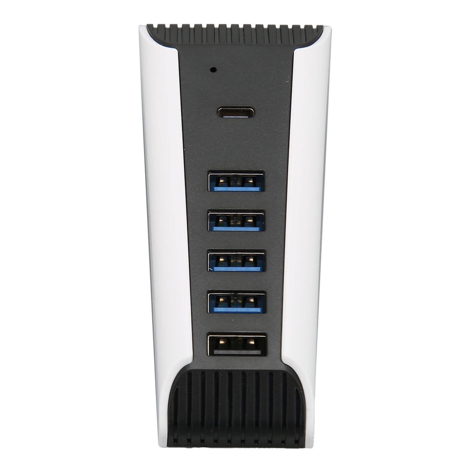 Ein weißes und graues USB-Hub mit mehreren Anschlüssen und einem USB-C-Anschluss.
