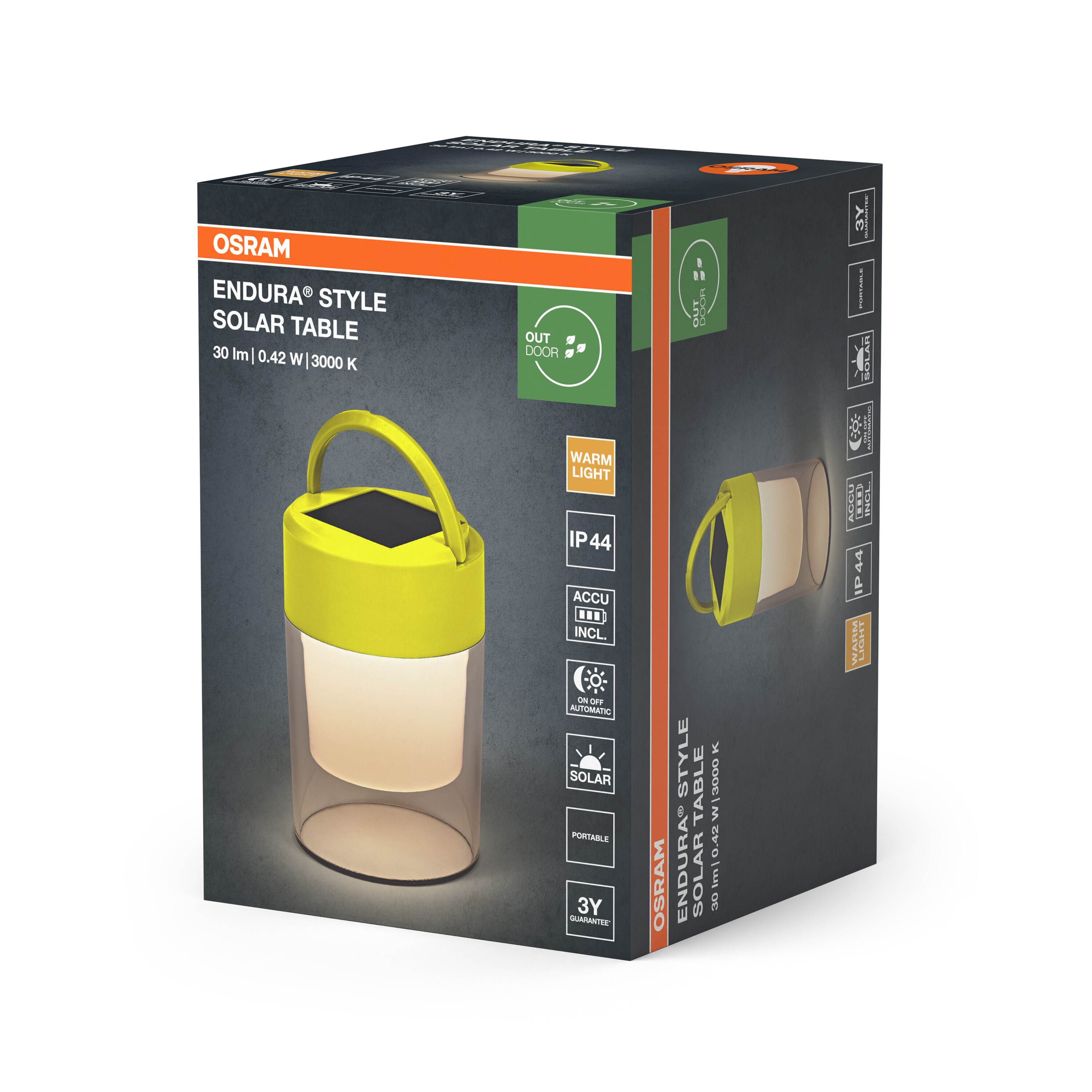 Verpackung einer OSRAM Endura Style Solar Tischleuchte mit gelbem Griff.