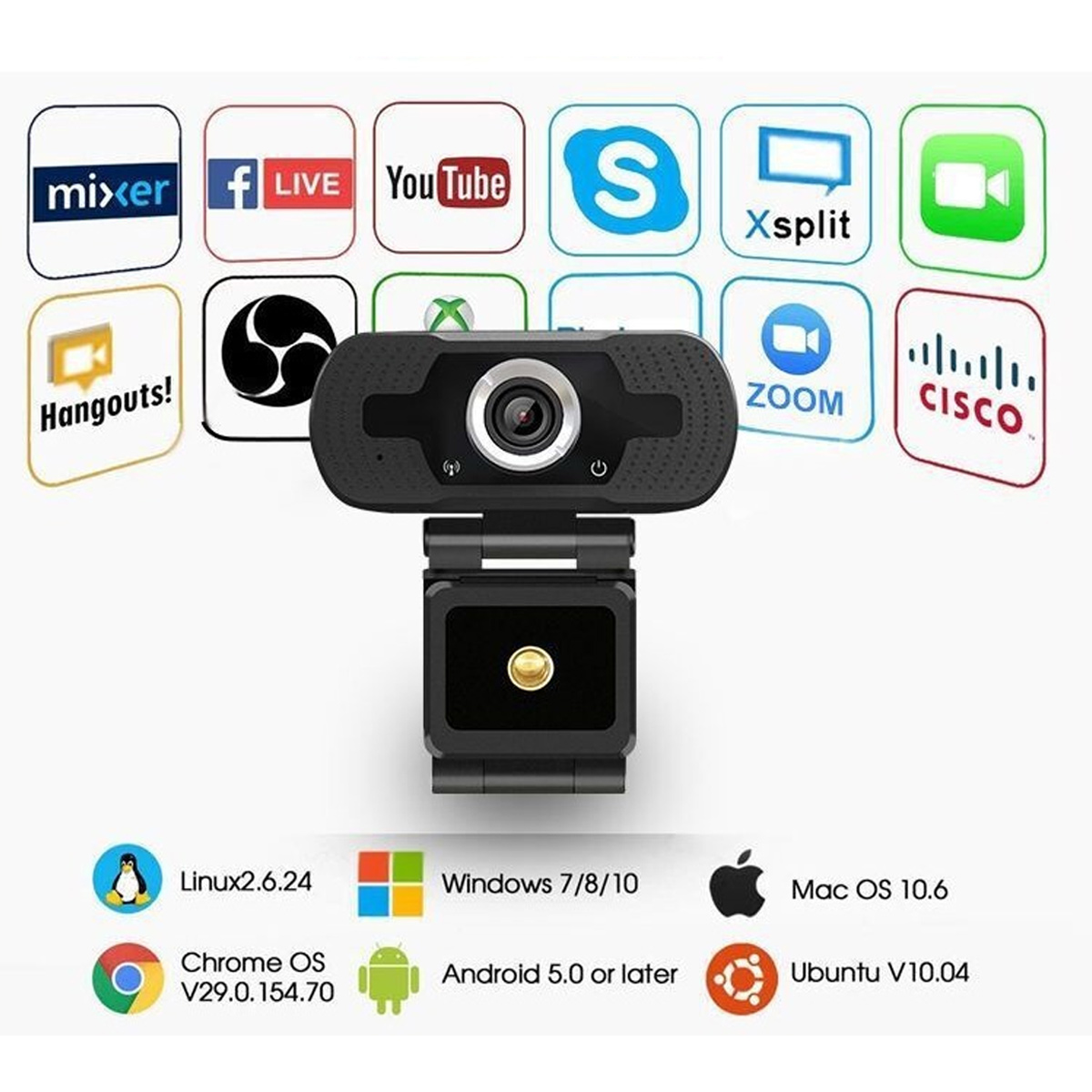 Webcam mit Software-Logos (Mixer, YouTube, Zoom) und Betriebssystem-Kompatibilität.