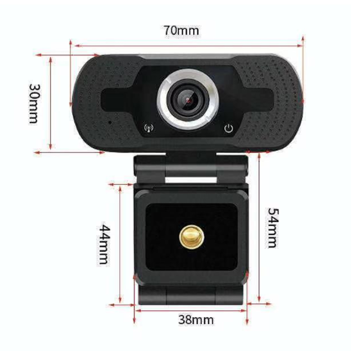 Webcam mit Maßen: 70x30mm (Kamera), 54x38mm (Halterung).