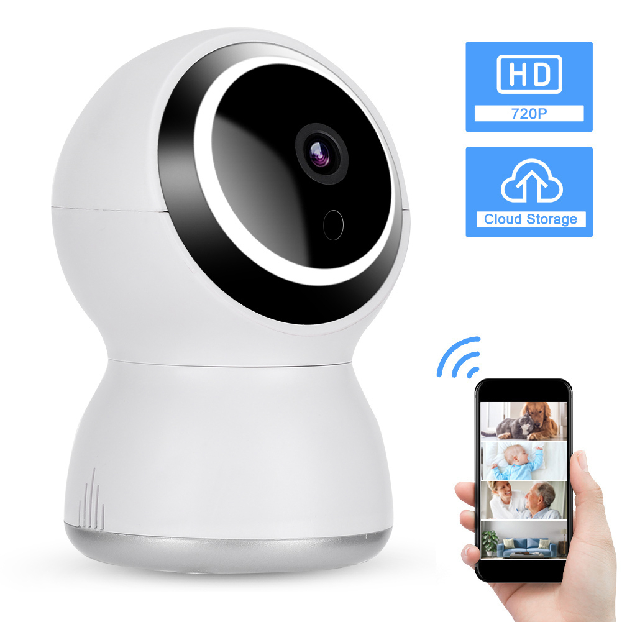 Weiße Überwachungskamera mit HD 720P und Cloud-Speicheranzeige auf einem Smartphone.