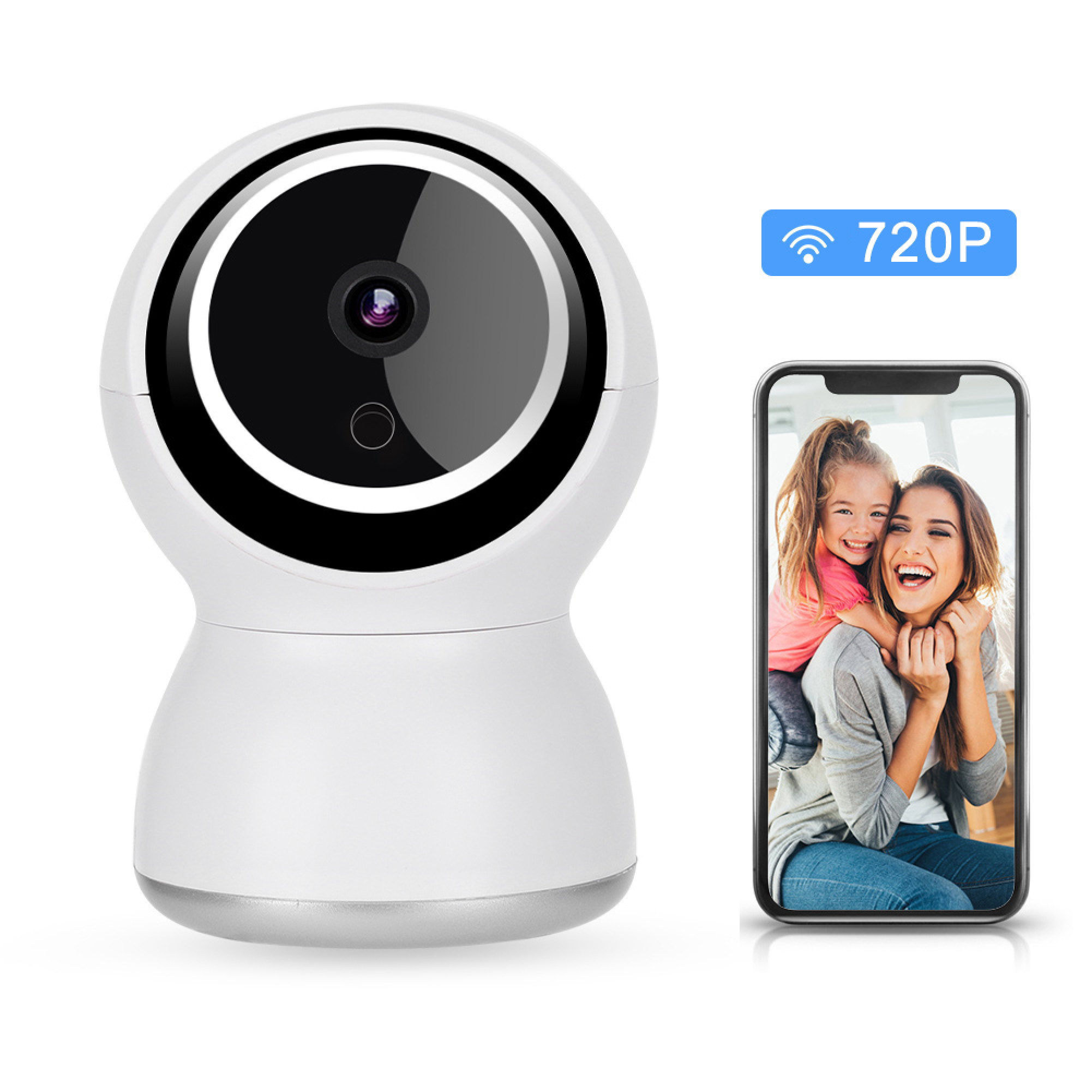 Eine weiße Überwachungskamera mit 720P-WLAN-Symbol und einem Smartphone-Bild.