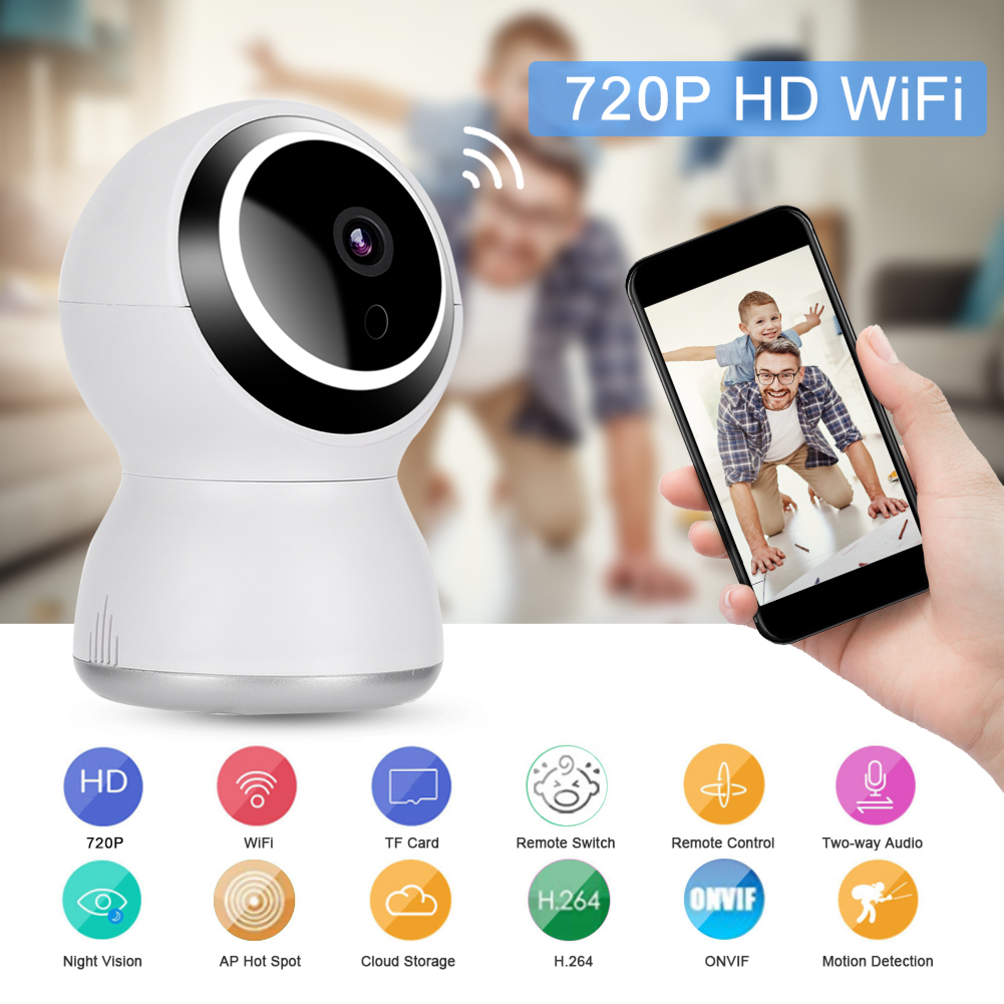 720P HD WiFi Kamera mit Funktionssymbolen. Telefon zeigt Vater und Sohn.