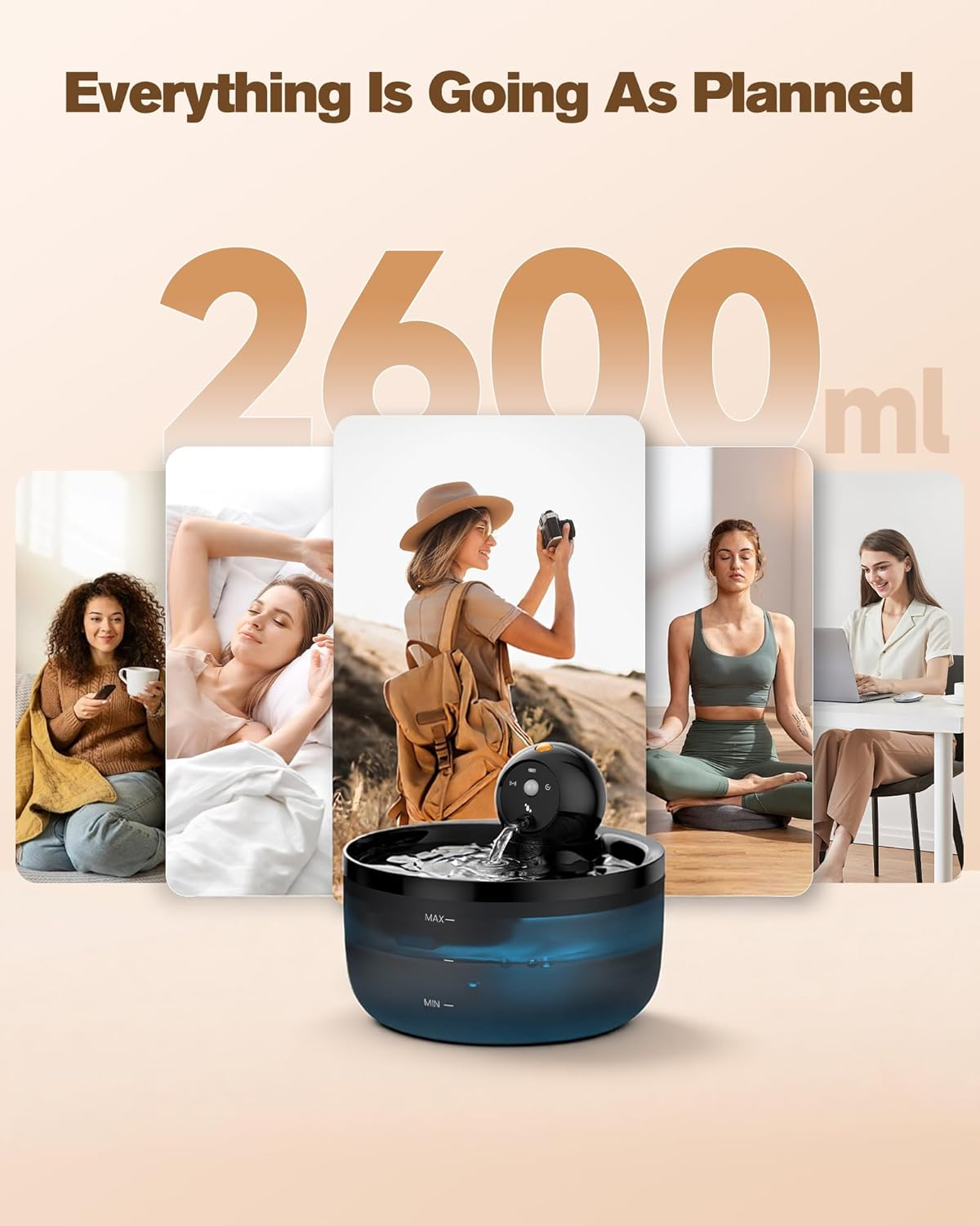 Ein Wasserspender mit 2600 ml Kapazität und vier Bildern von Menschen, die ihn nutzen.