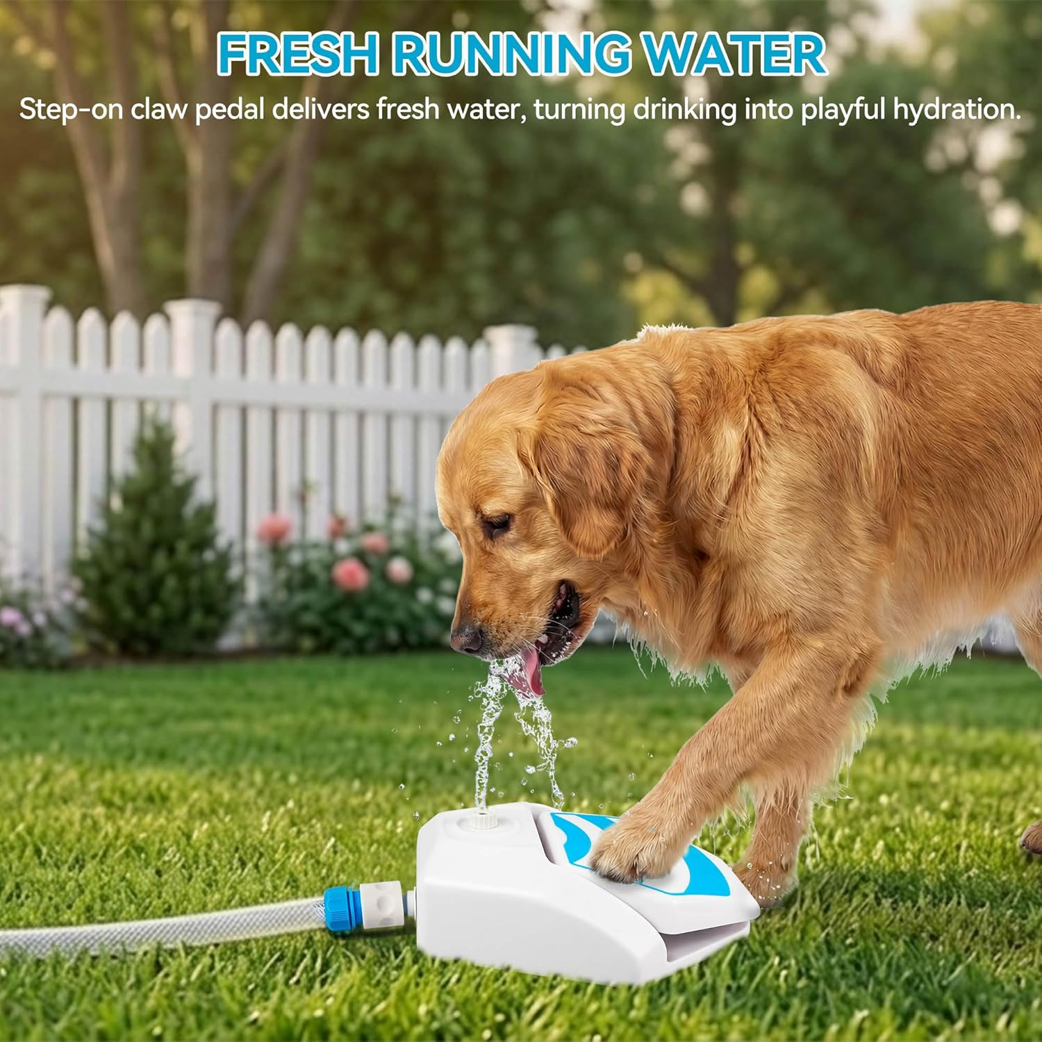 Ein Golden Retriever trinkt Wasser aus einem Tretbrunnen im Garten.