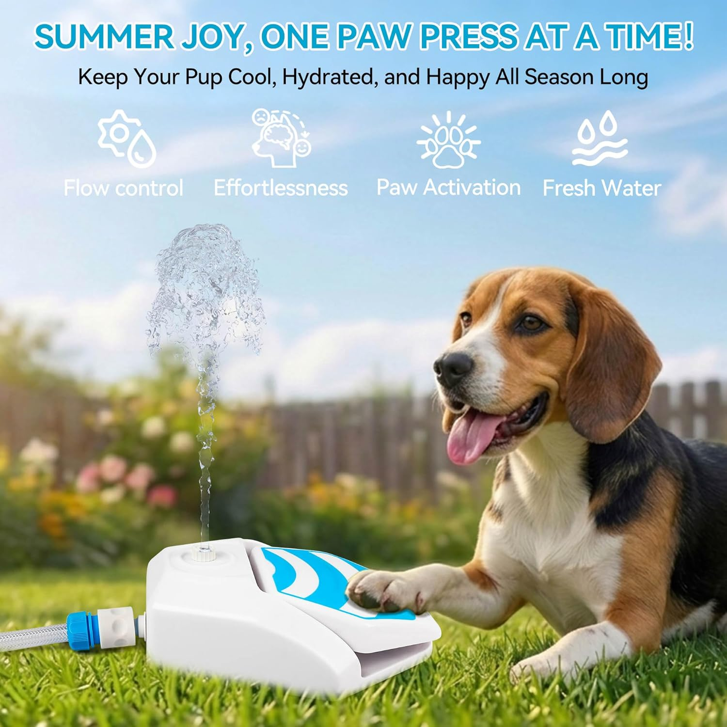 Ein Beagle drückt auf einen Wasserspender im Garten. Wasser spritzt nach oben.