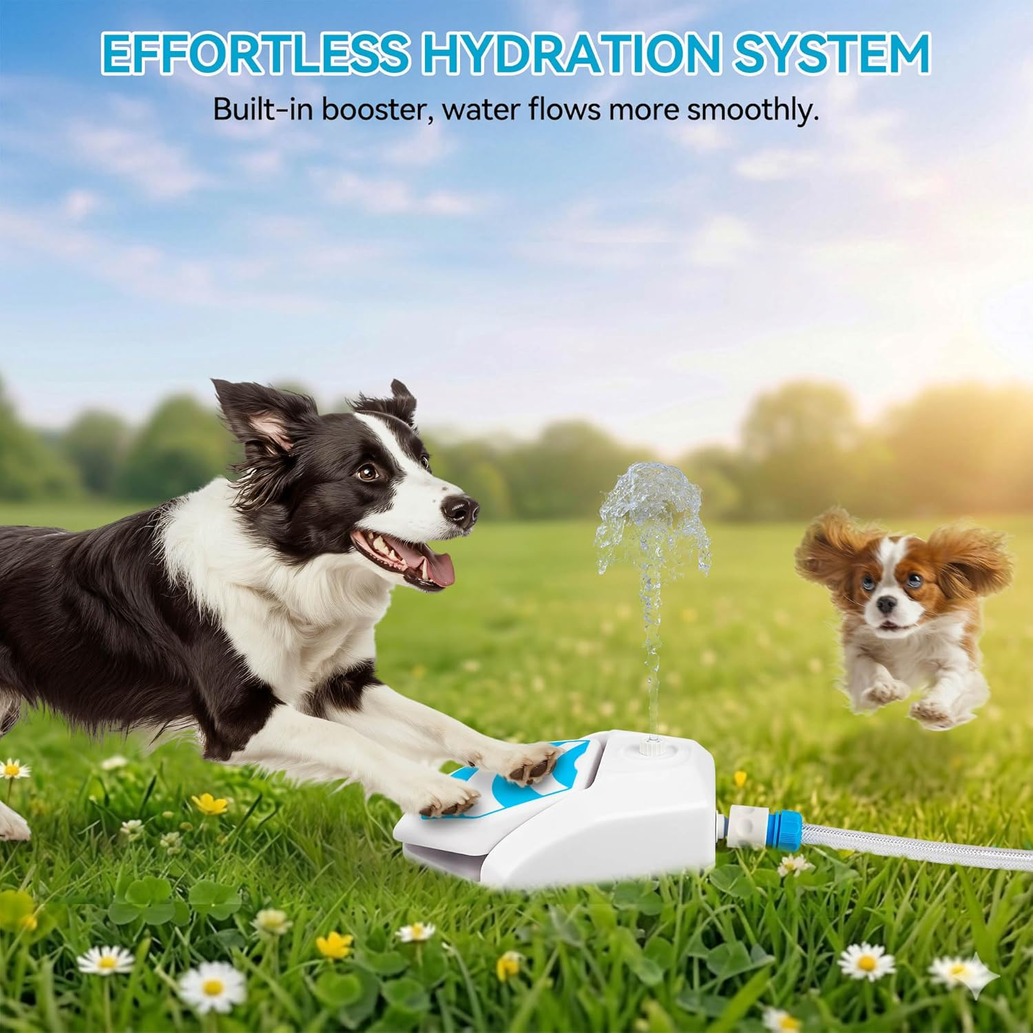 Ein Border Collie und ein Welpe spielen mit einem Wasserspender im Gras.
