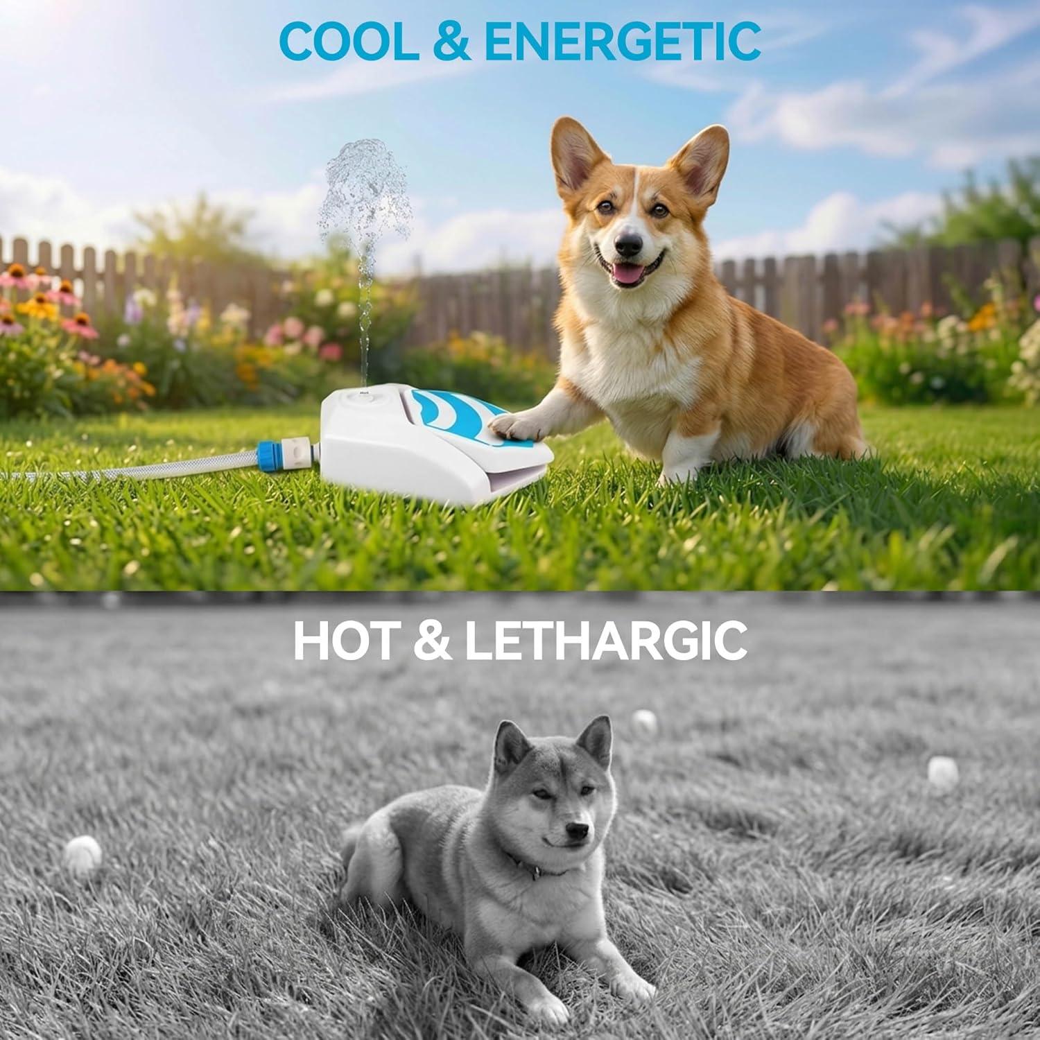 Ein Corgi spielt mit einem Wassersprinkler im Garten. Unten ein Shiba Inu auf trockenem Gras.