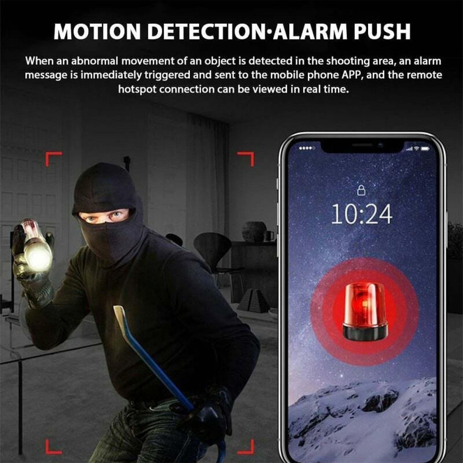 Einbrecher mit Taschenlampe und Brecheisen, Handy zeigt Alarm an.