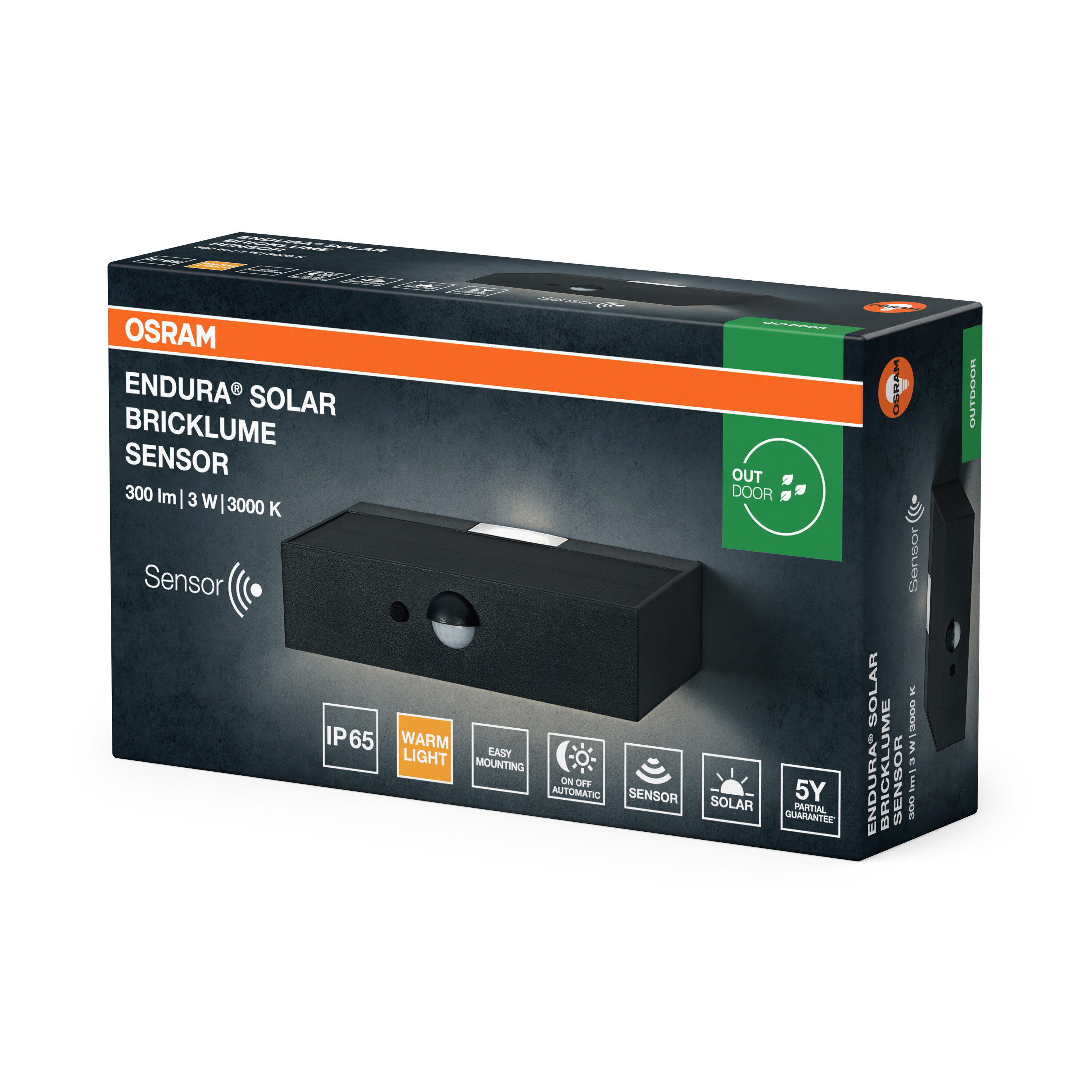 Verpackung eines Osram Endura Solar Bricksensor mit Icons für IP65, Warmlicht, Montage, Automatik, Sensor, Solar.