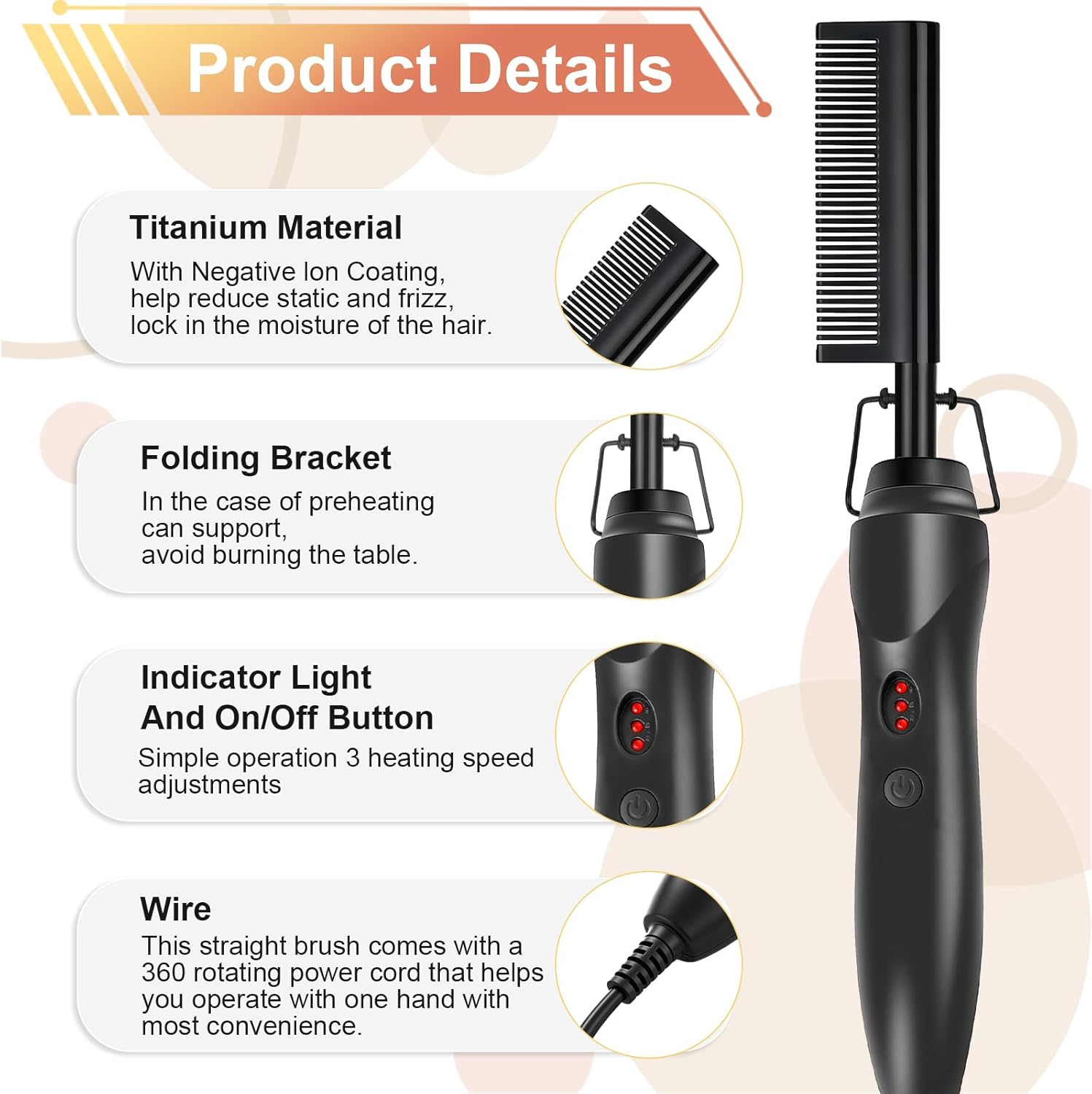 Produktdetails eines schwarzen Glättungskamms: Titan, klappbarer Halter, Indikatorleuchten und Kabel.