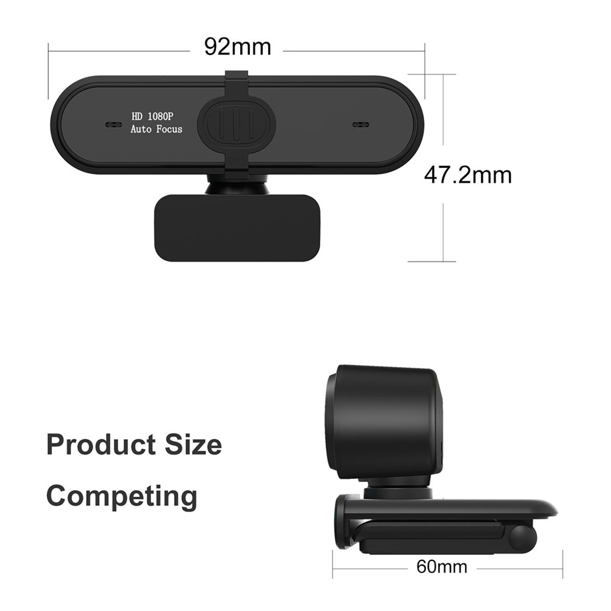 Schwarz 1080p Webcam mit Maßen 92x47.2mm und 60mm Standfuß.