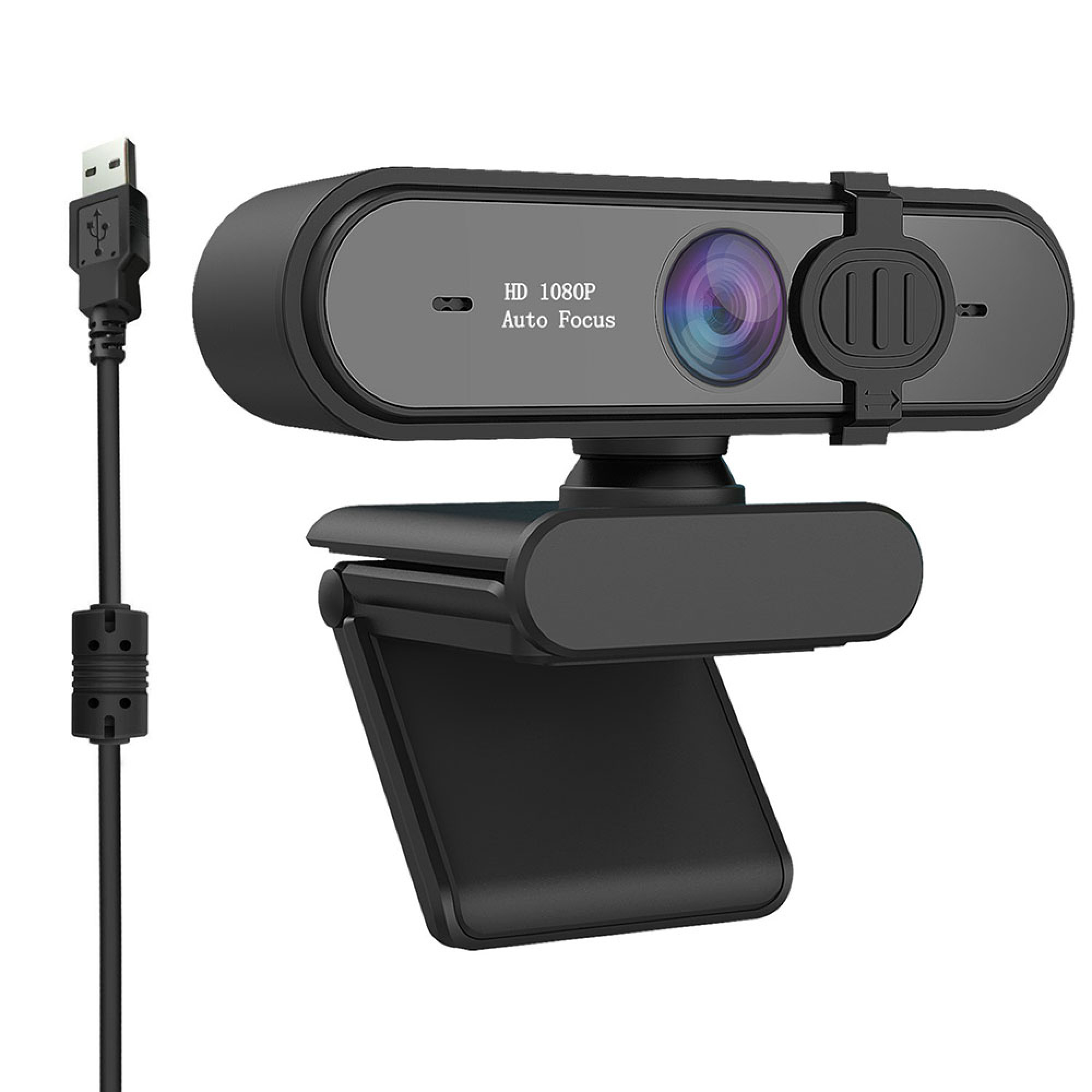 Eine schwarze HD 1080P Webcam mit Autofokus und USB-Kabel.