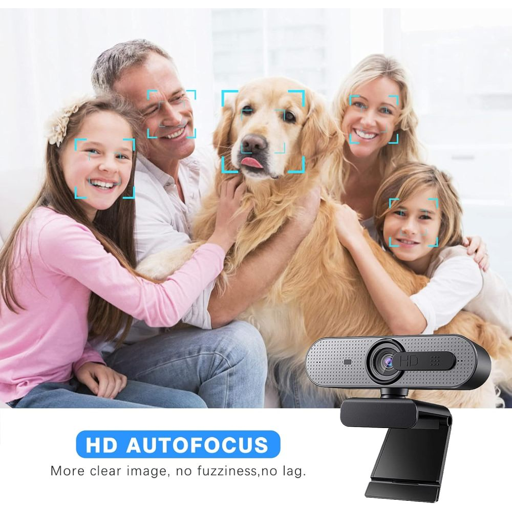 Familie und Hund mit Webcam. Gesichtserkennung ist aktiv.