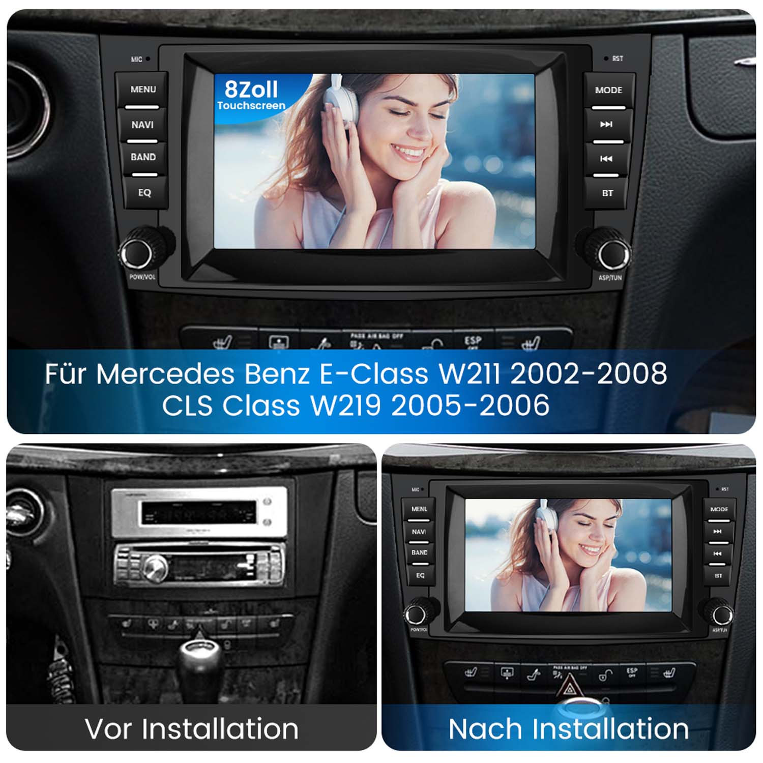 Einbauvergleich: Vorher altes Radio, nachher 8-Zoll-Touchscreen-Radio.