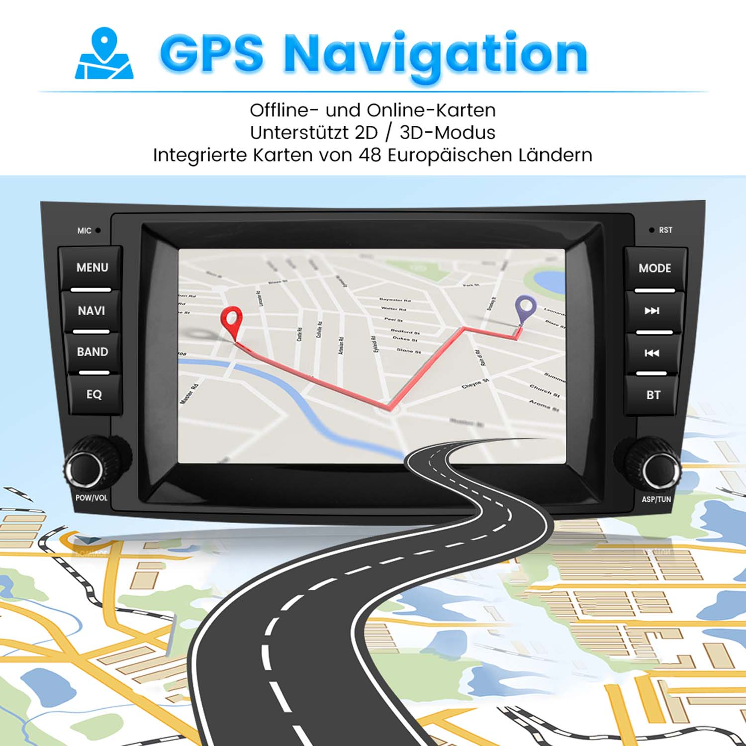 GPS-Navigationsgerät mit Karte und Straße, unterstützt 48 Länder.