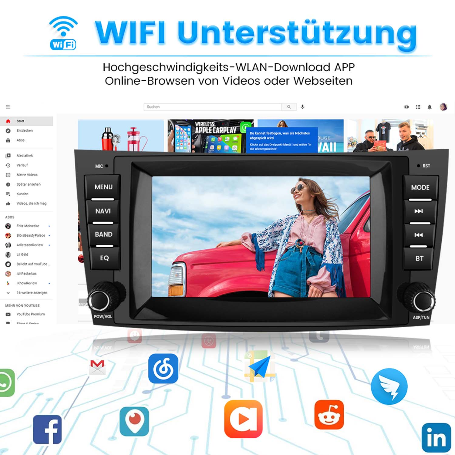 Auto-Infotainmentsystem mit WLAN-Unterstützung, zeigt Frau in Mode an.