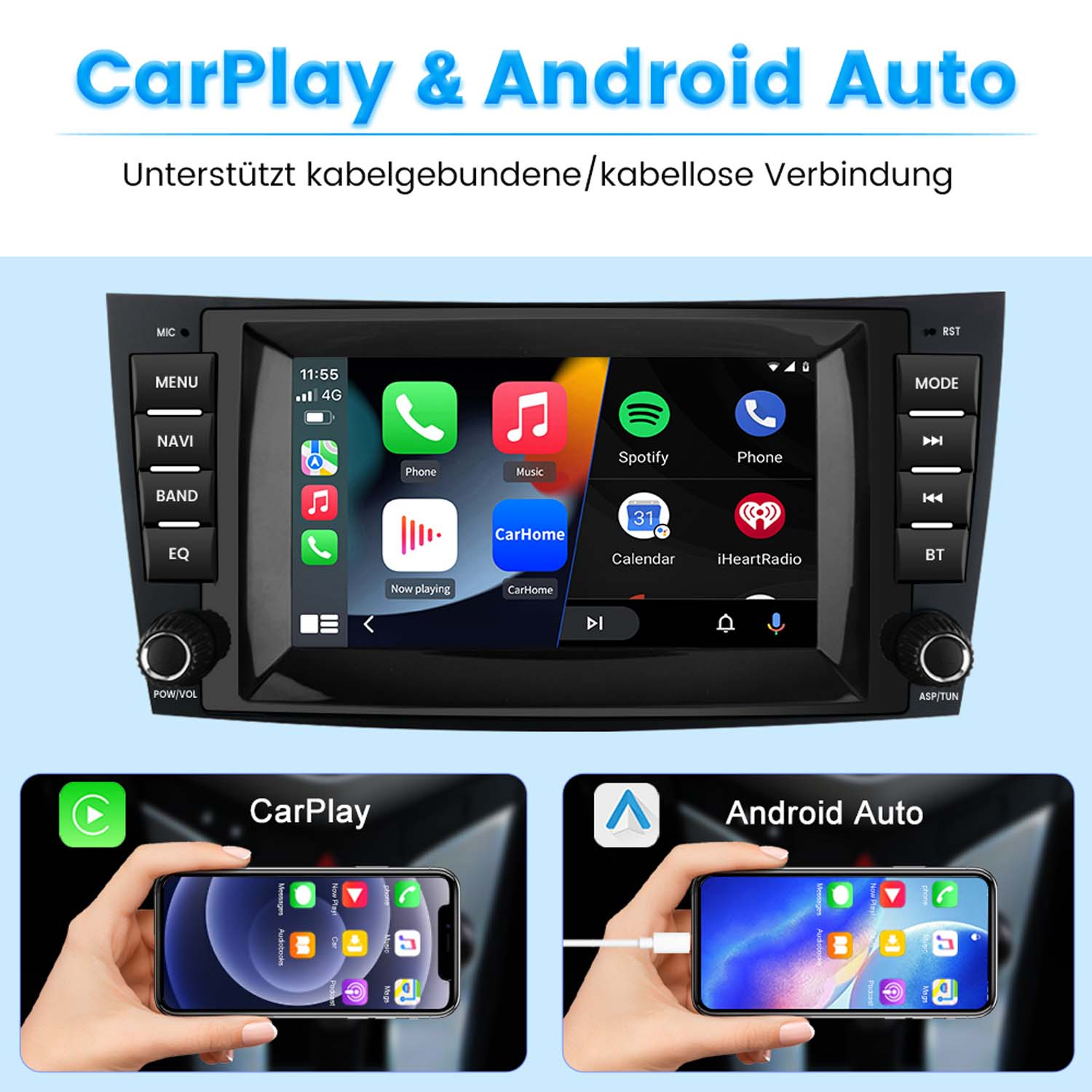 Ein Autoradio mit CarPlay- und Android Auto-Schnittstellen, das Telefone zeigt.