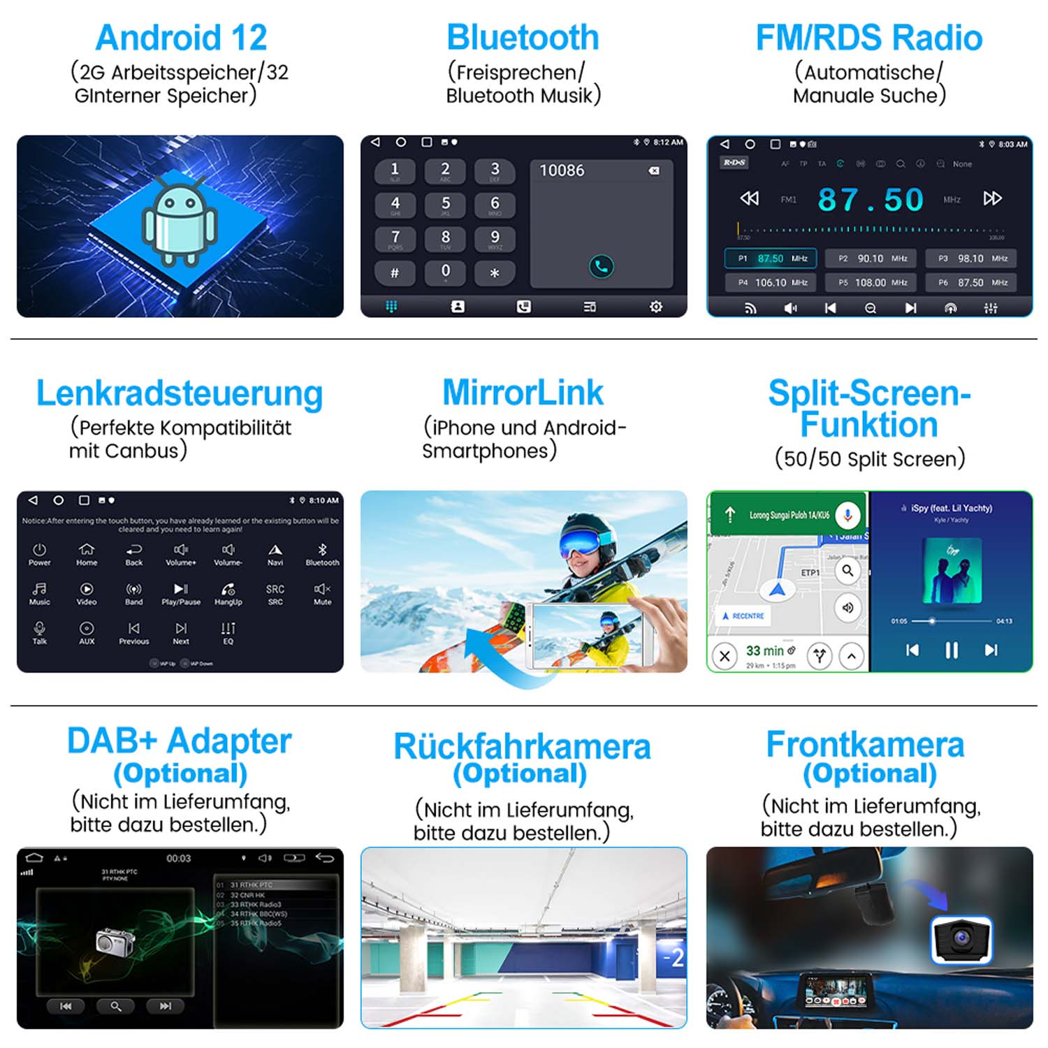 Übersicht über verschiedene Auto-Infotainment-Funktionen: Android 12, Bluetooth, Radio, Lenkradsteuerung, MirrorLink, Split-Screen, DAB+, Rückfahrkamera, Frontkamera.