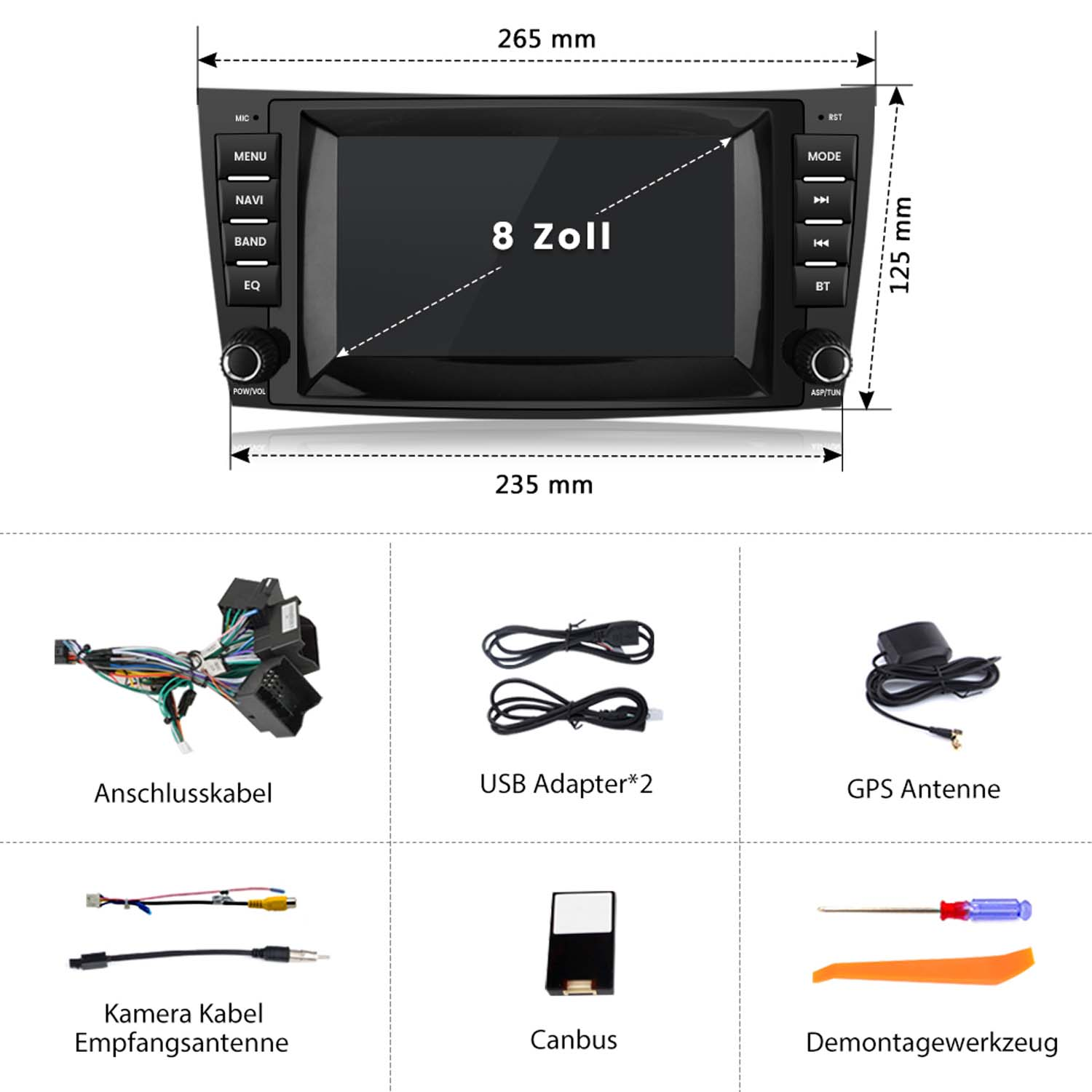 Autoradio mit Zubehör: Kabel, USB-Adapter, GPS-Antenne, Werkzeug.