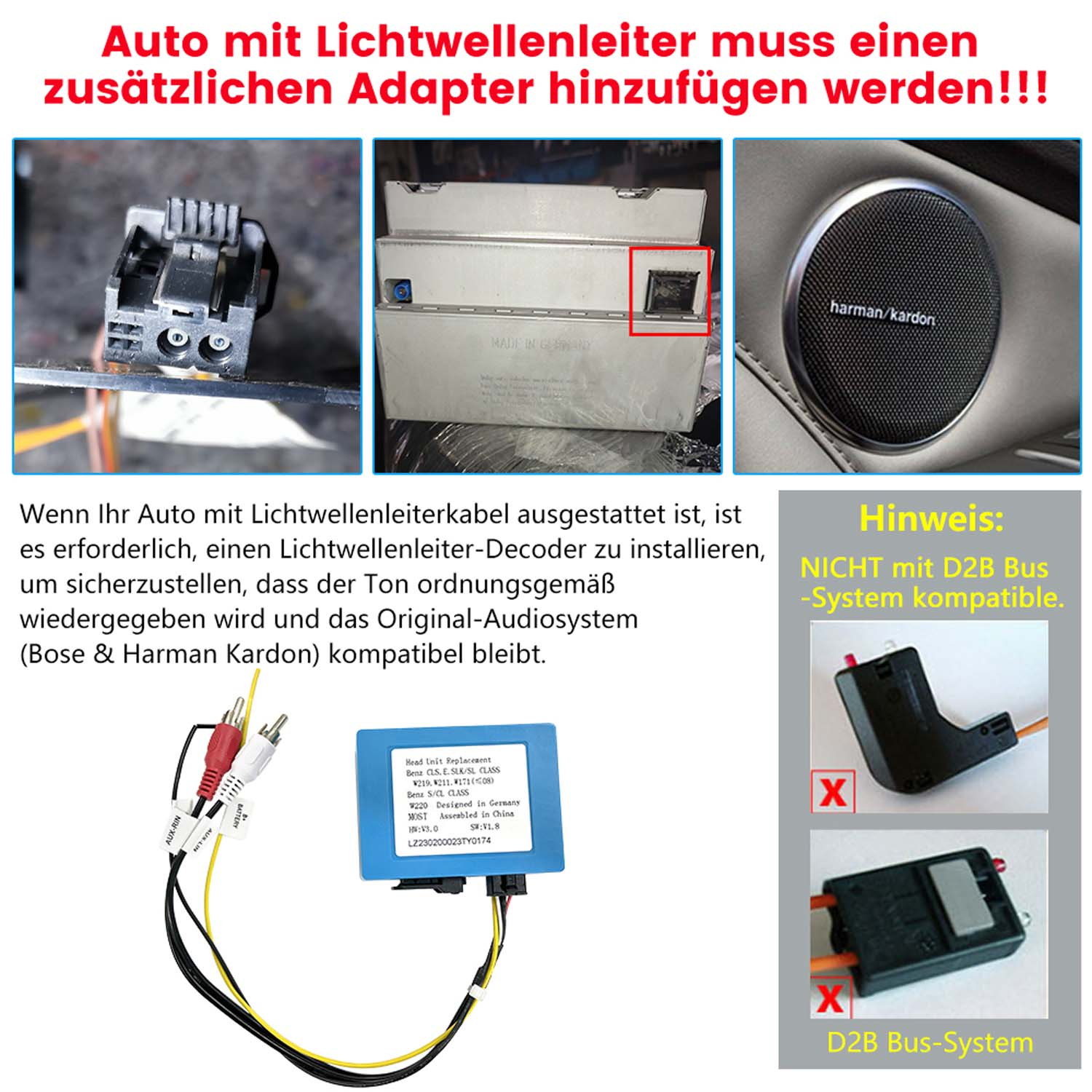 Ein Auto mit Lichtwellenleiter benötigt einen Adapter. Bilder zeigen Teile und Systeme.
