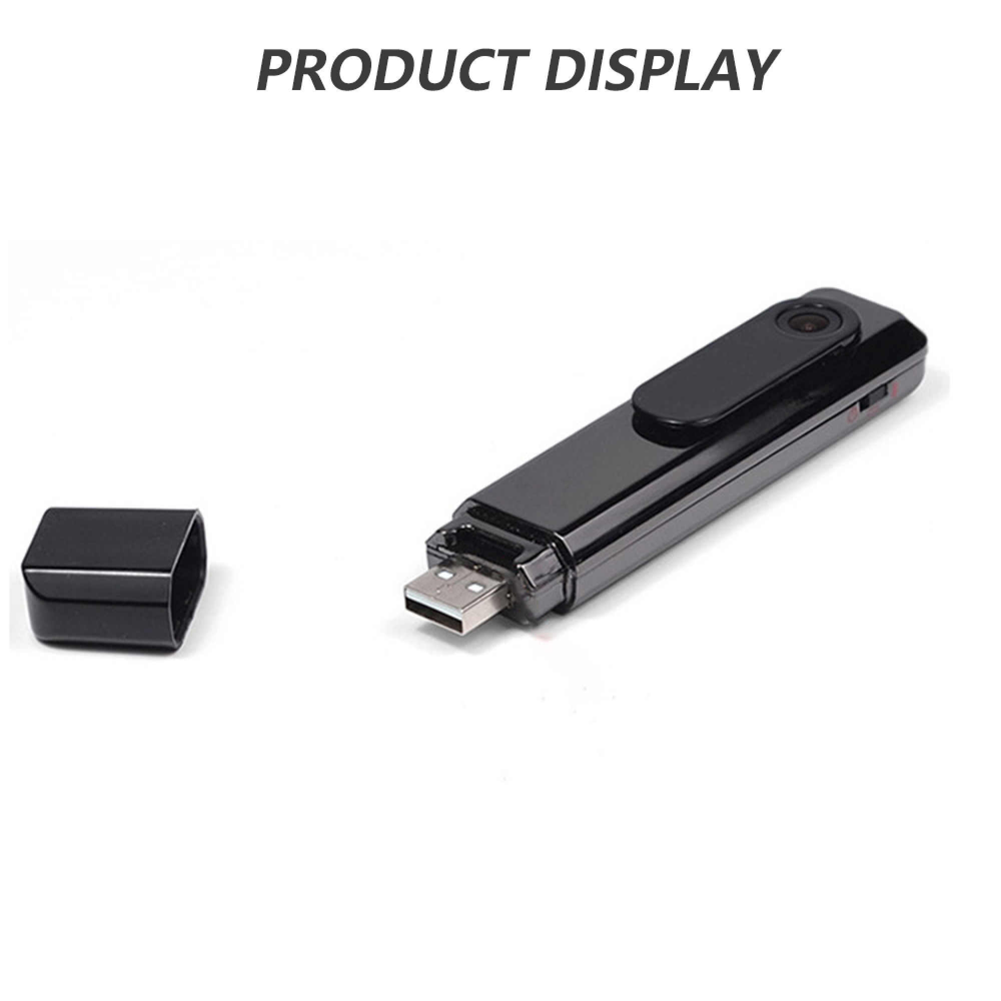 Ein schwarzer Mini-USB-Stick mit Kamera und abnehmbarer Kappe auf weißem Grund.