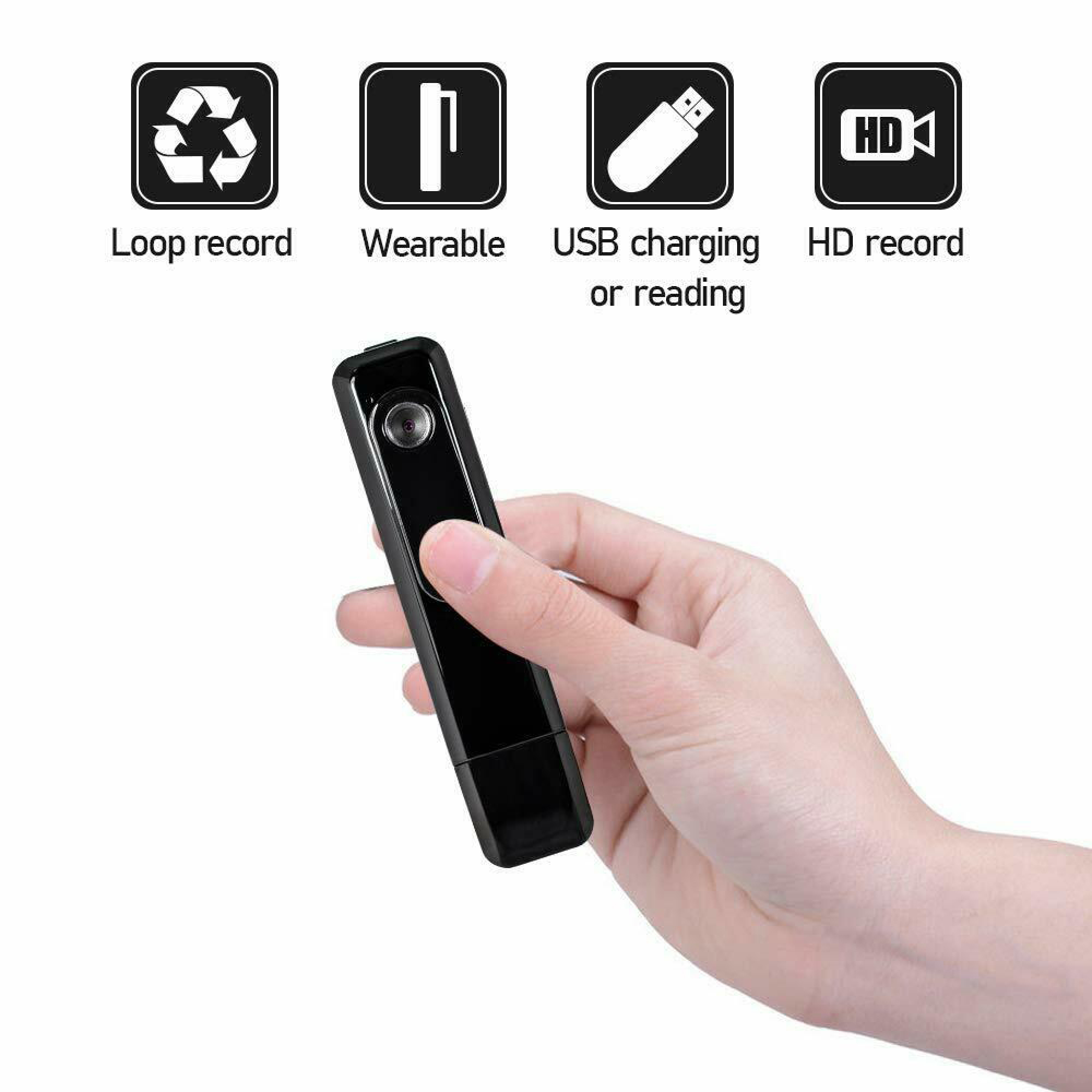 Ein schwarzer Stiftrecorder wird in einer Hand gehalten, mit Symbolen für Aufnahme und USB.
