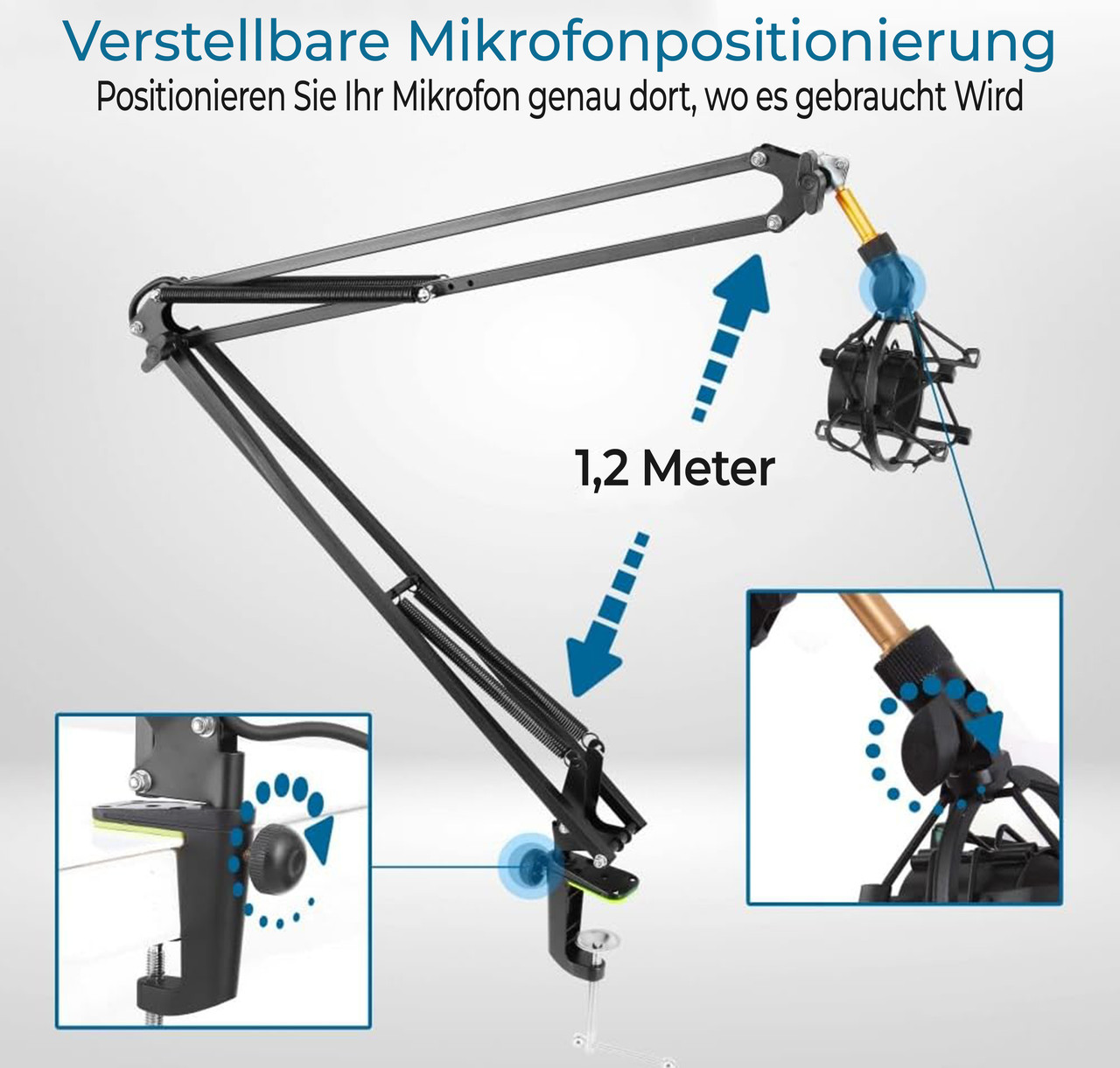 Schwarzer Mikrofonarm mit Klemme, verstellbar bis 1,2 Meter Reichweite.