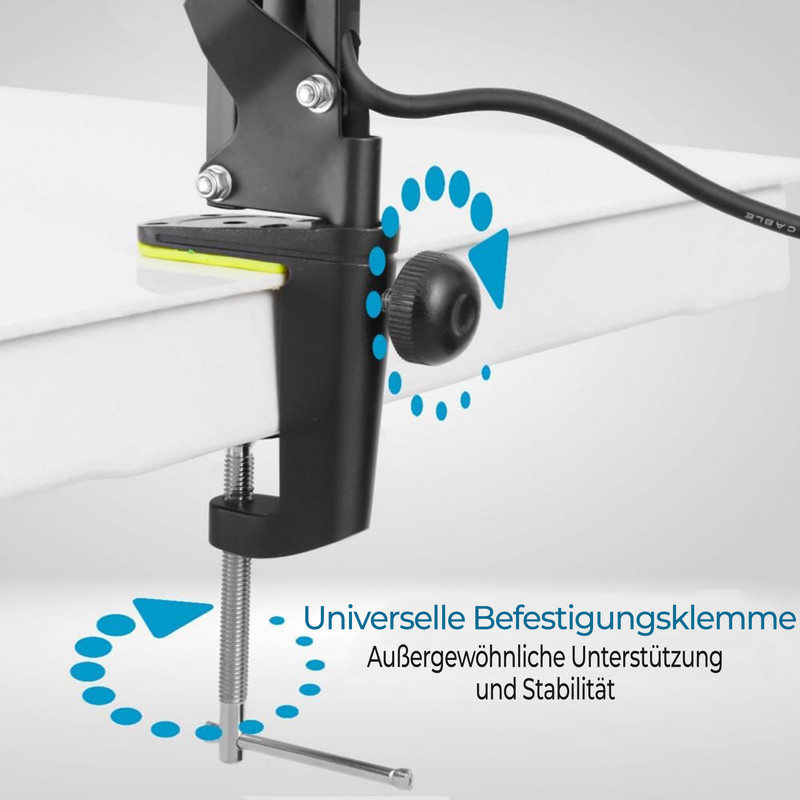 Schwarze Klemme mit Verstellknopf auf weißem Tisch. Blaue Punkte zeigen Verstellbereich.