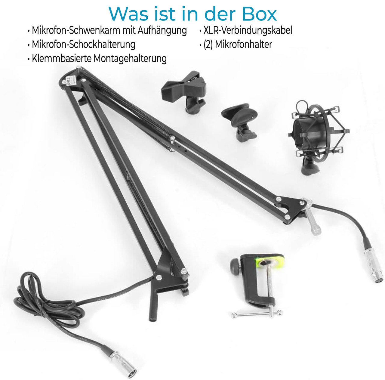 Mikrofon-Schwenkarm, Halterungen, Kabel und Klemme auf weißem Hintergrund.