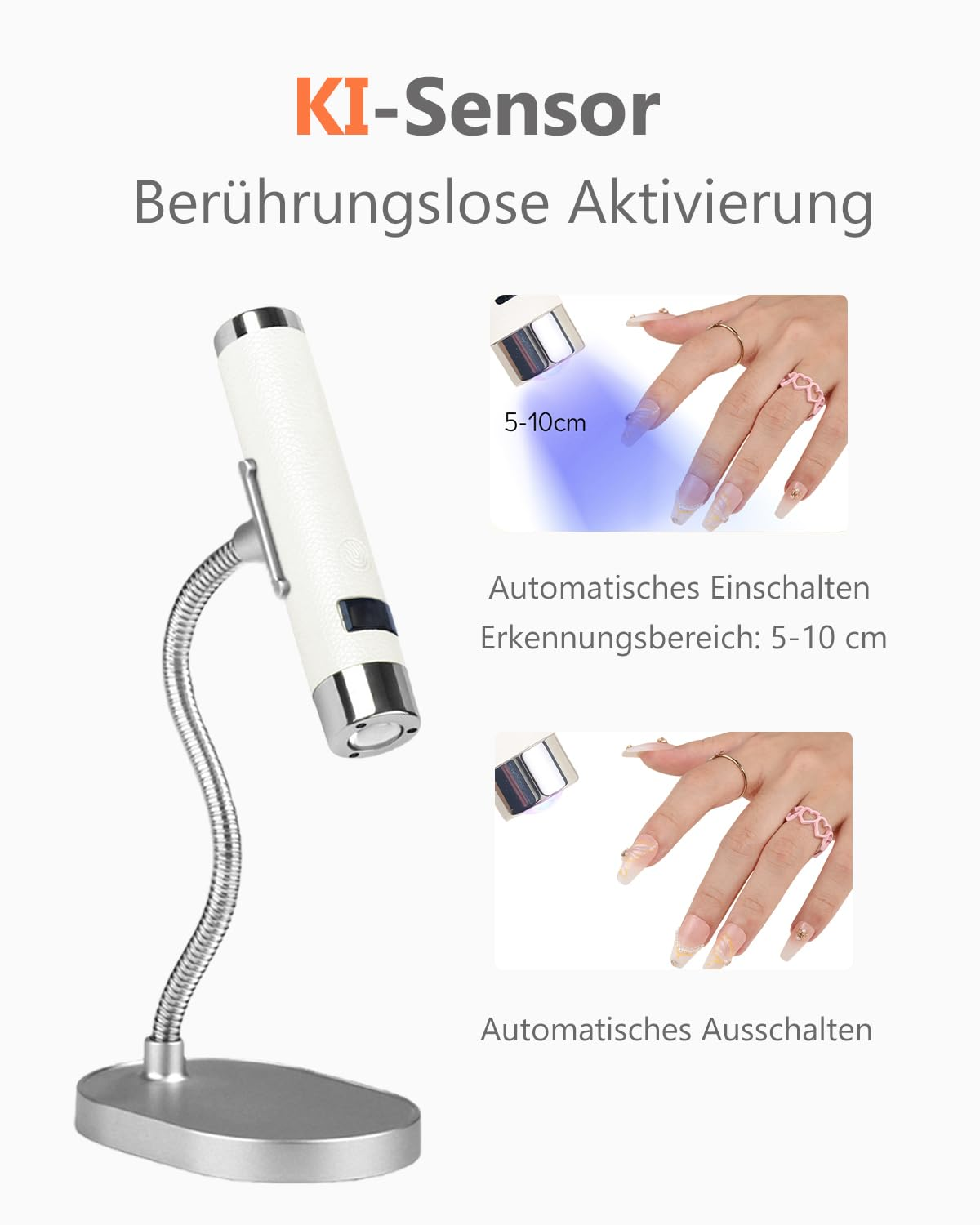 Ein weißer KI-Sensor mit flexiblem Hals und silbernem Fuß. Daneben Hände mit Nägeln, die sich dem Sensor nähern oder davon entfernen.