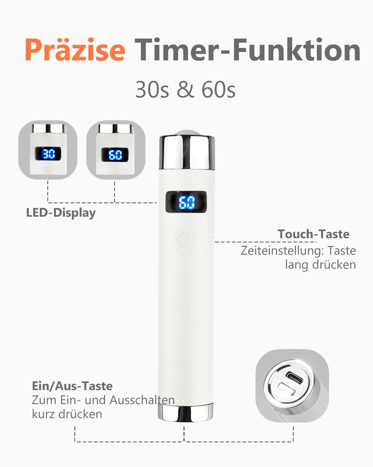 Weies Gerät mit LED-Display für 30s und 60s Timer-Funktion.