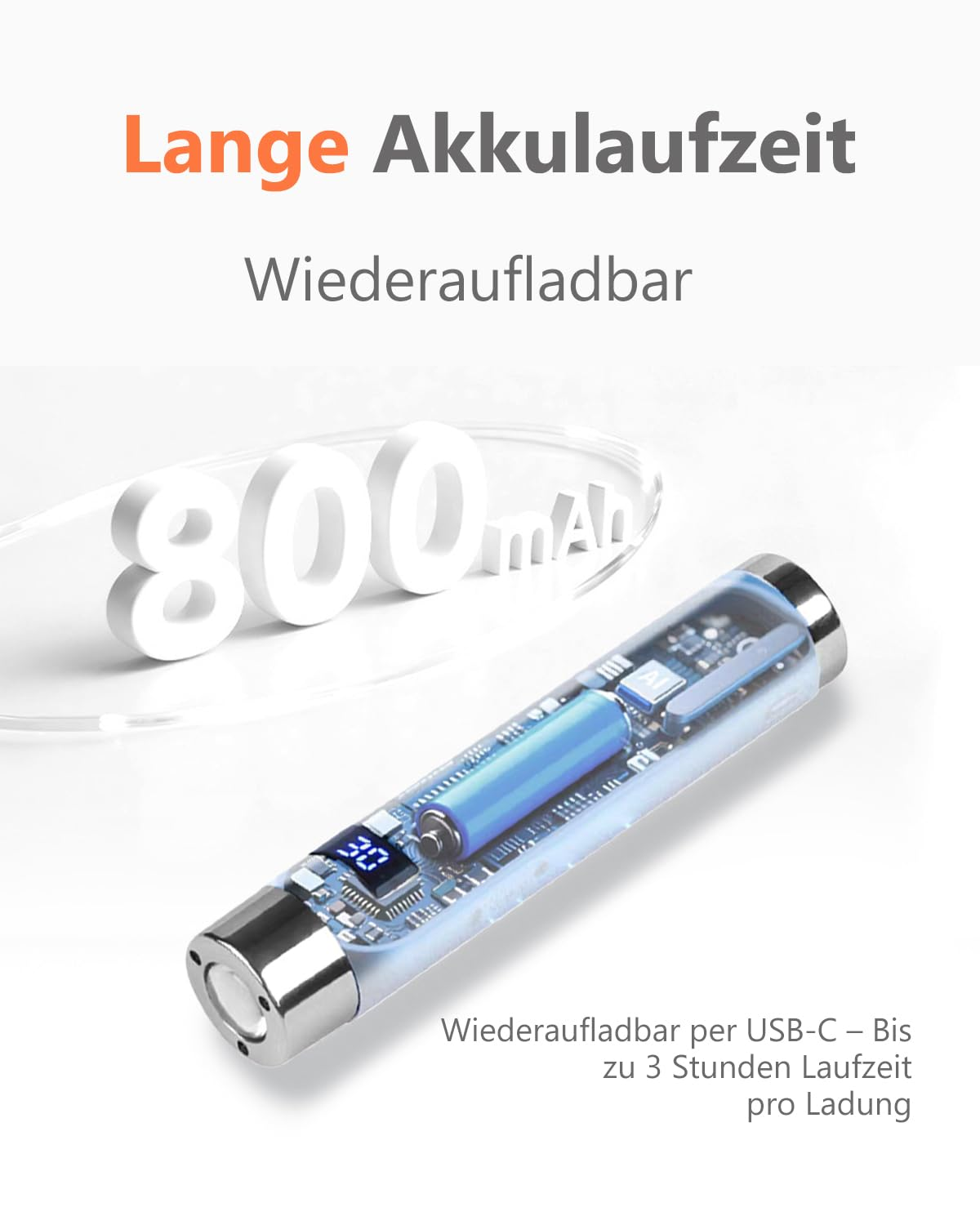 Ein wiederaufladbarer Akku mit 800 mAh, ladbar per USB-C.