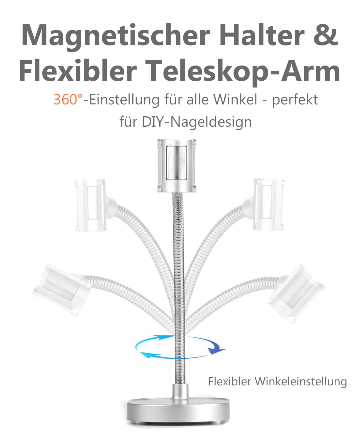 Silberner magnetischer Handyhalter mit flexiblem Teleskoparm, 360° verstellbar.