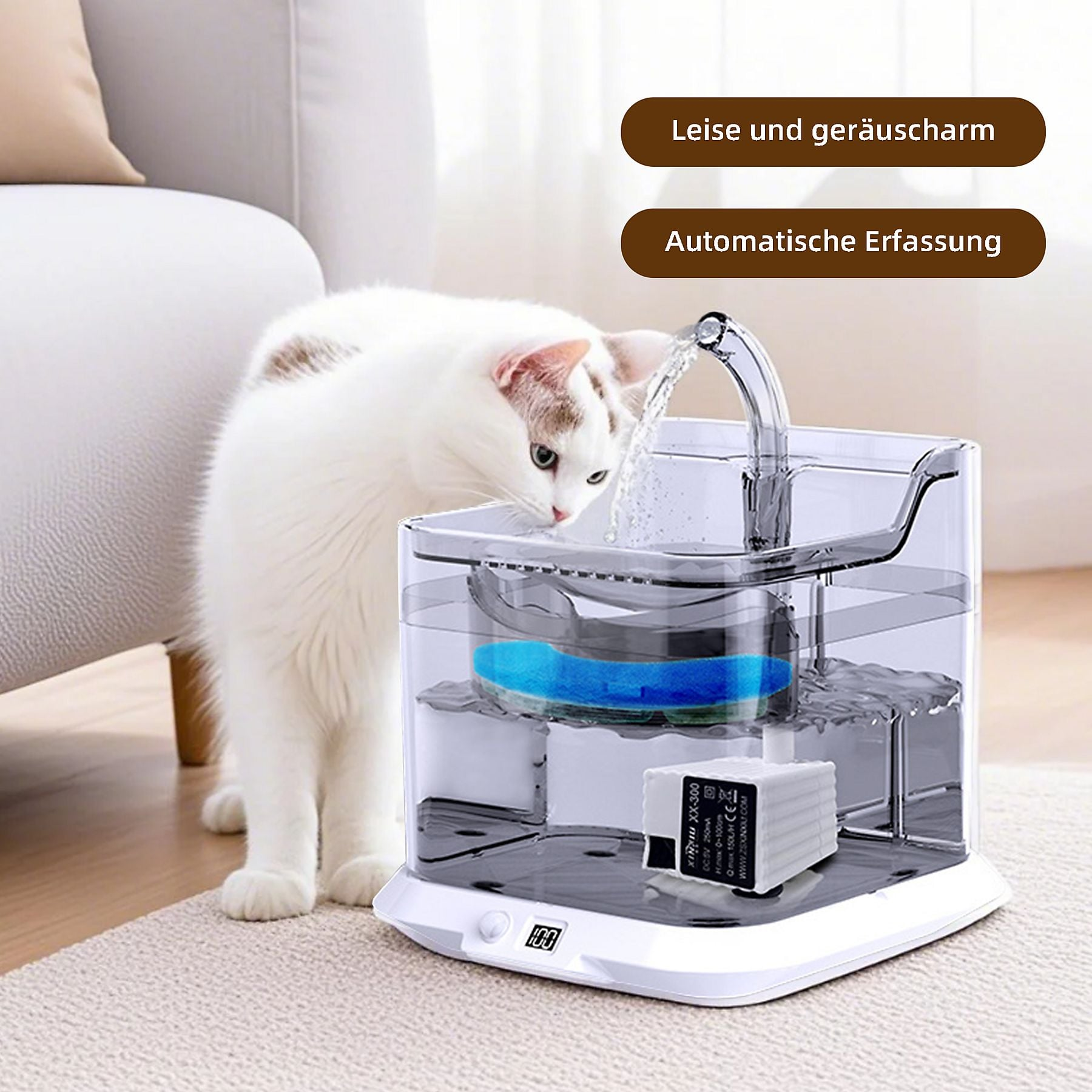 Eine Katze trinkt aus einem automatischen Wasserspender mit einem digitalen Display.